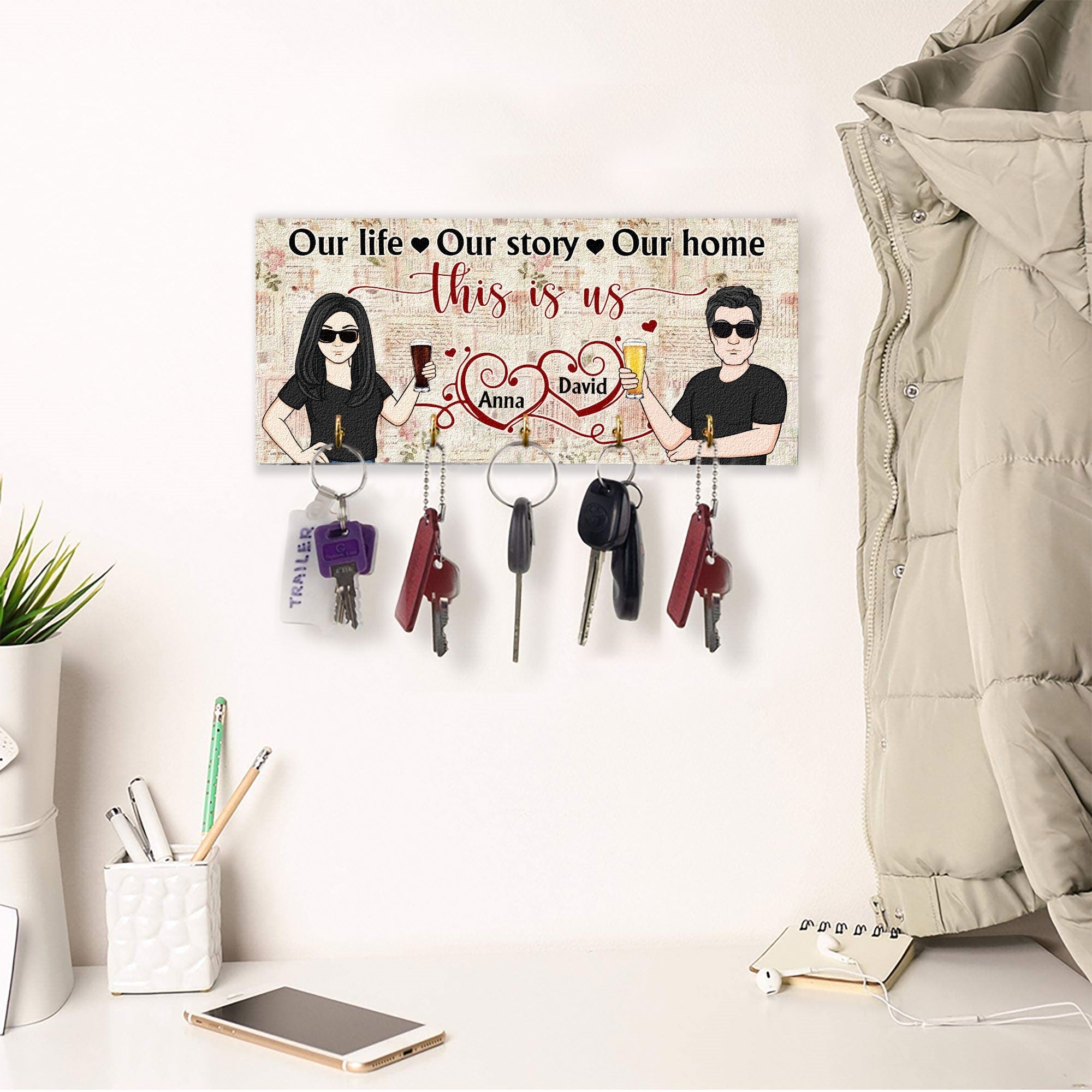 Our Home Our Story - Personalized Key Hanger - Christmas New Year Gift For Couple, Gift From Sons, Daughters To Parents