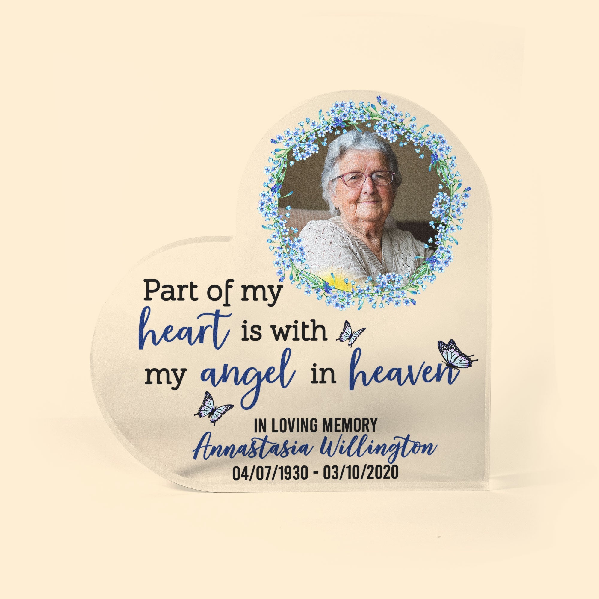 Part Of My Heart Is With My Angel - Personalized Heart Shaped Acrylic Photo Plaque