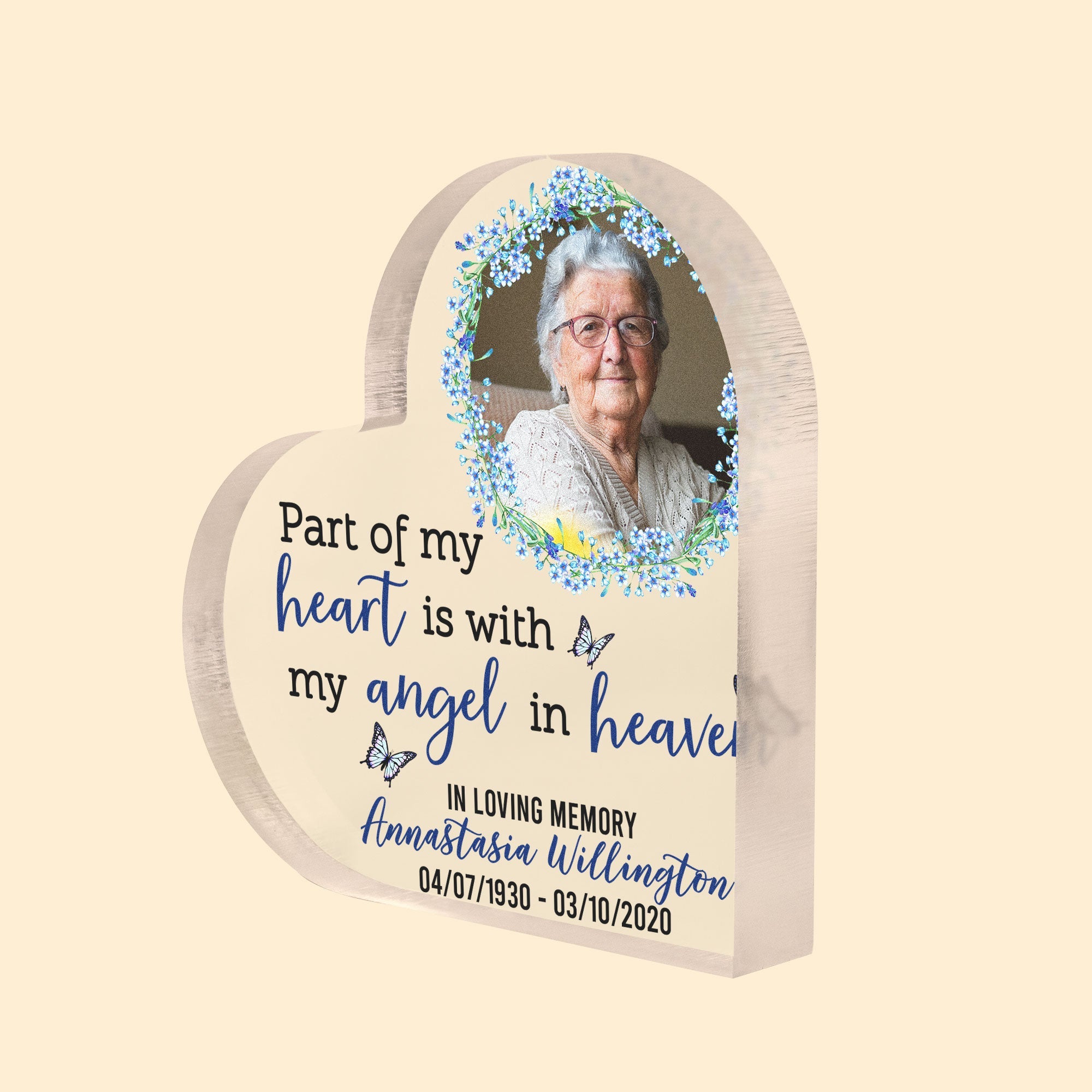 Part Of My Heart Is With My Angel - Personalized Heart Shaped Acrylic Photo Plaque