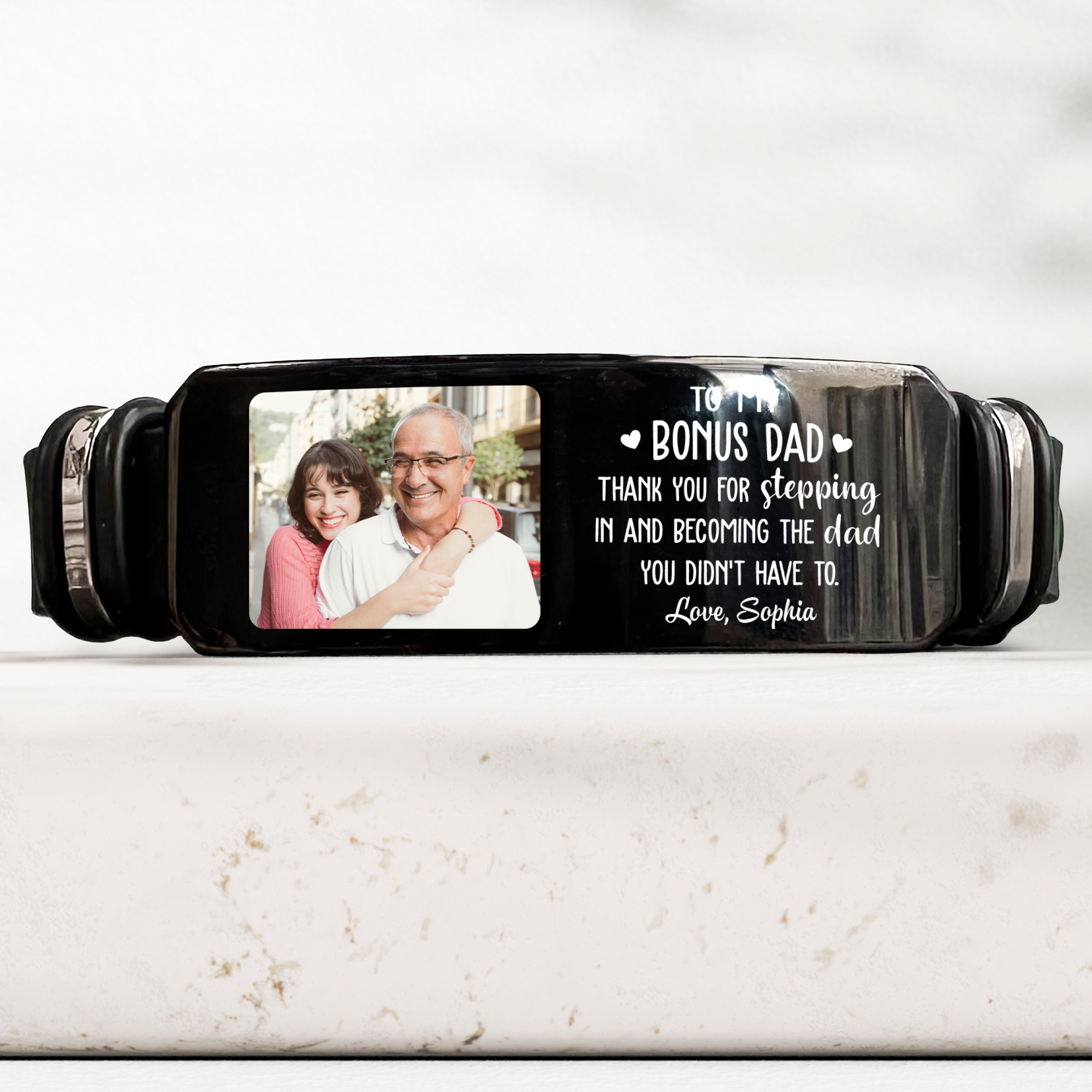 To My Bonus Dad Thank You For Stepping In - Personalized Photo Bracelet