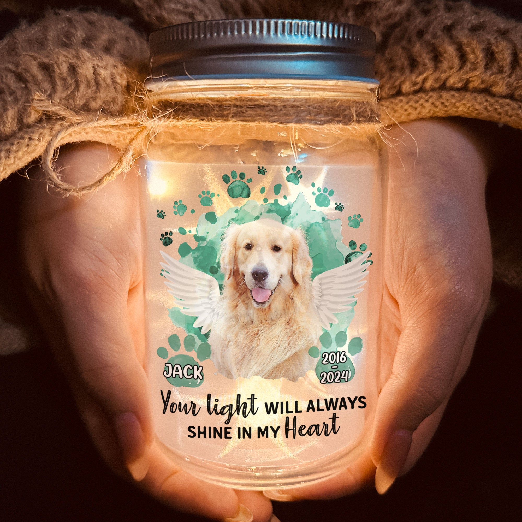 Pet Loss Your Light Will Always Shine In My Heart - Personalized Photo Mason Jar Light