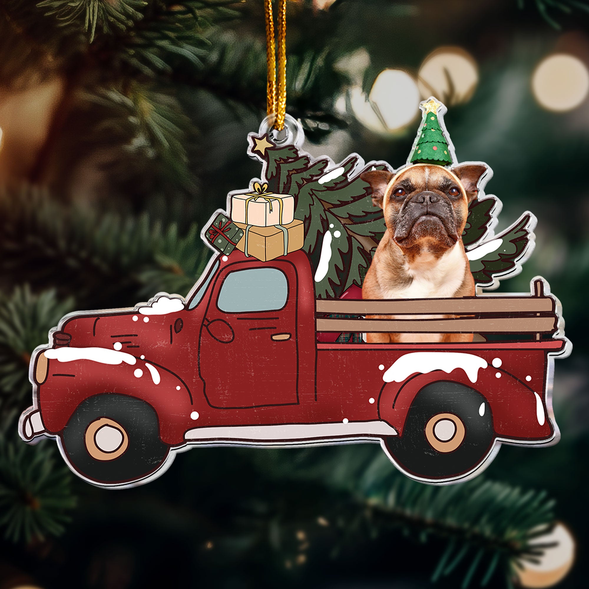 Pet On Red Truck - Personalized Acrylic Ornament