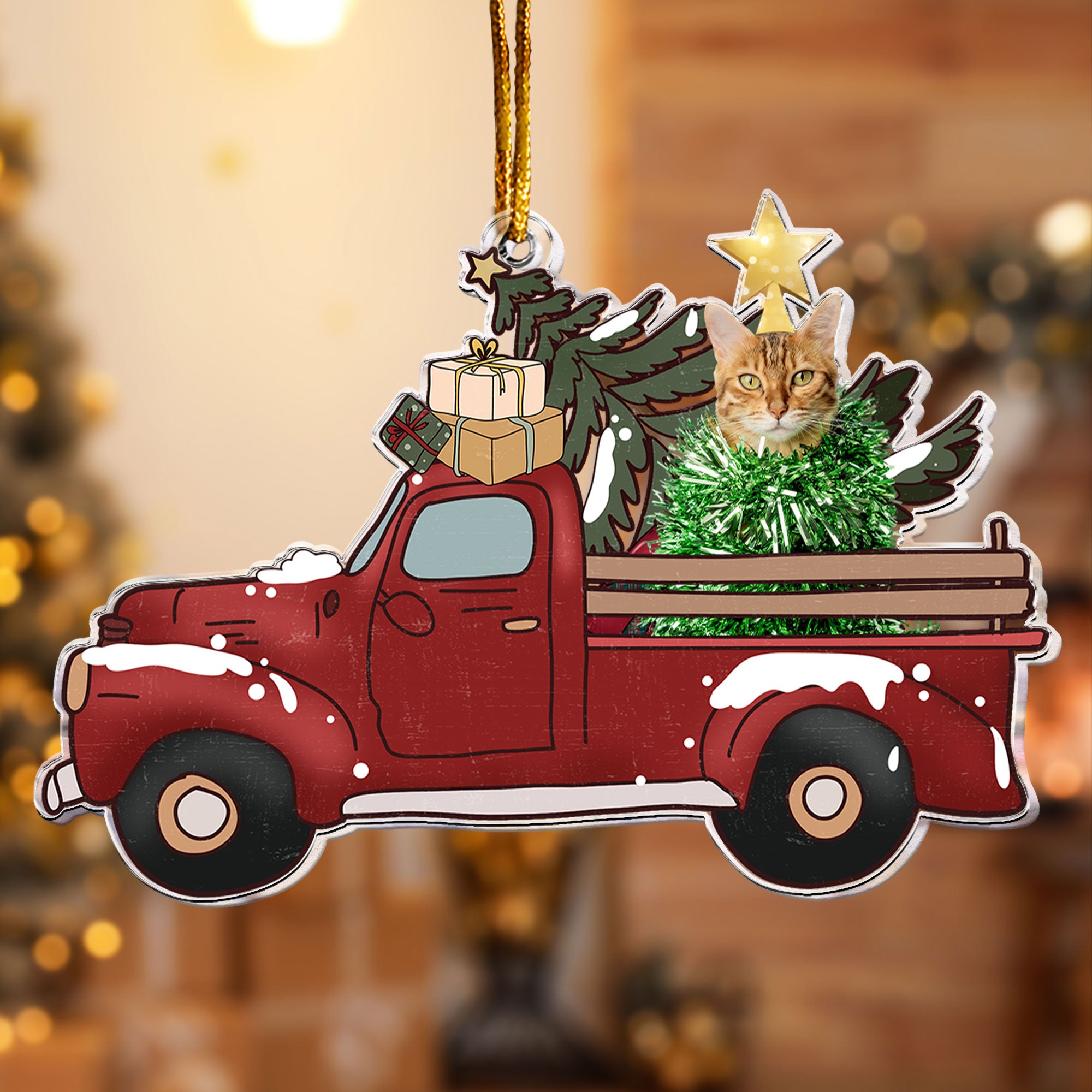 Pet On Red Truck - Personalized Acrylic Ornament