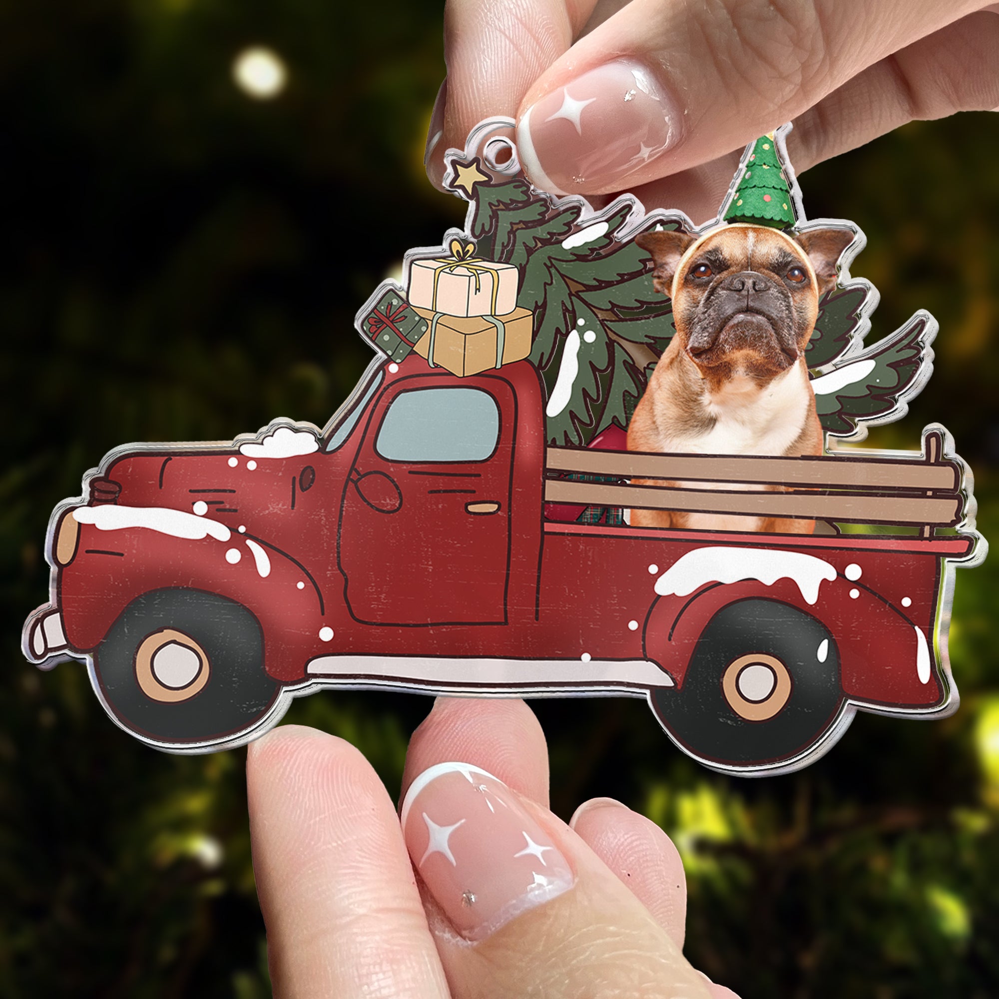 Pet On Red Truck - Personalized Acrylic Ornament