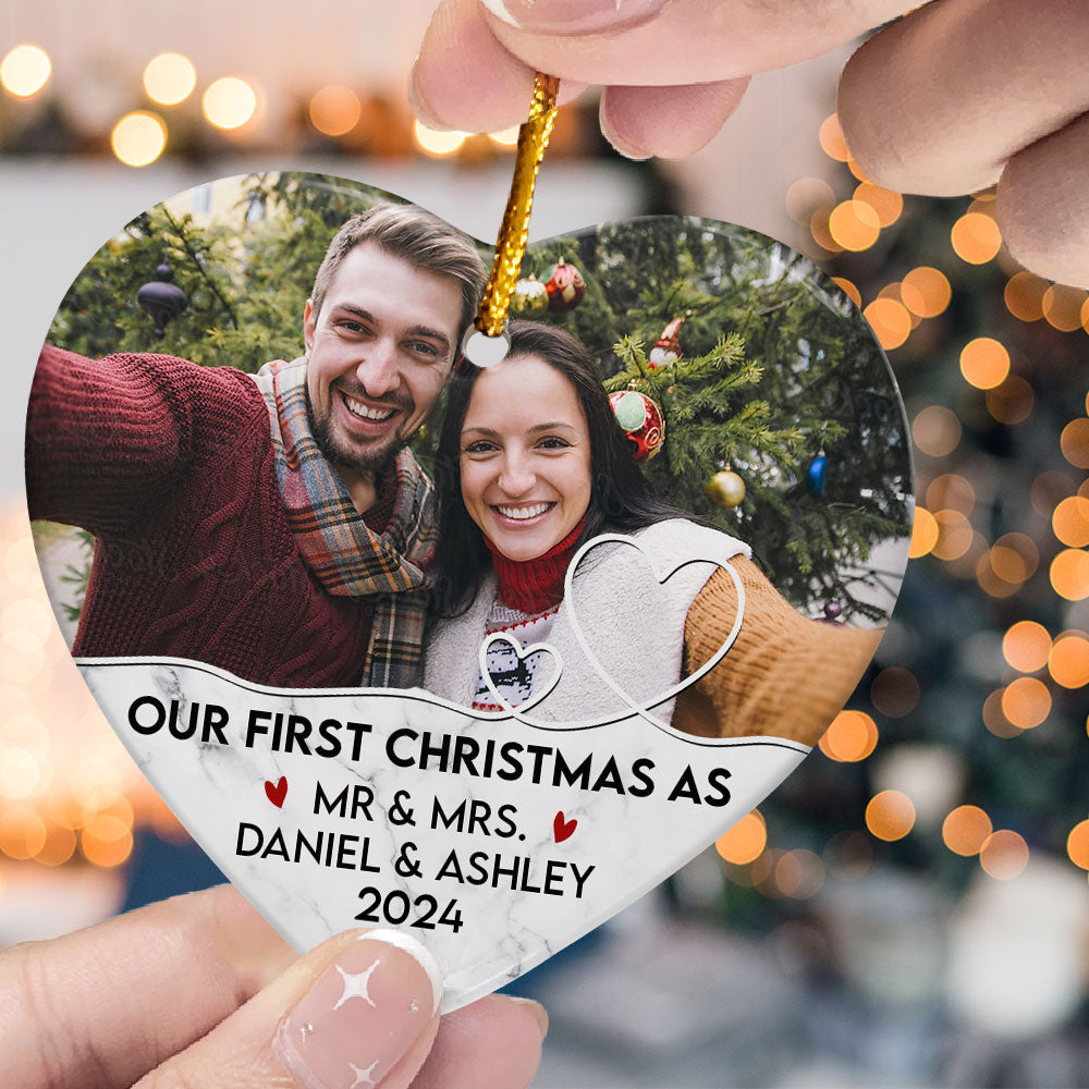 Our First Christmas As Mr & Mrs - Personalized Heart Shaped Ceramic Photo Ornament