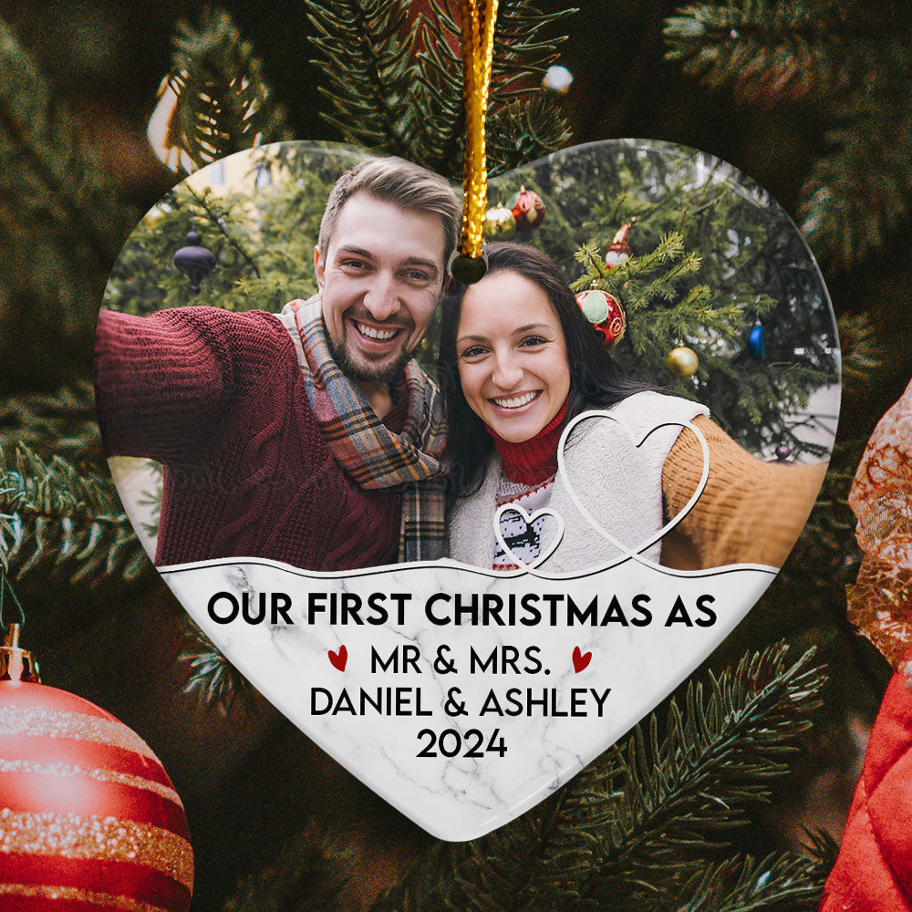 Our First Christmas As Mr & Mrs - Personalized Heart Shaped Ceramic Photo Ornament