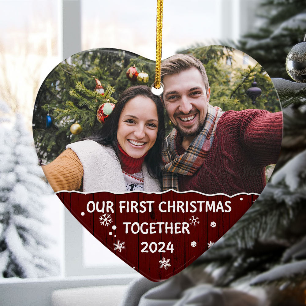 Our First Christmas Together - Personalized Heart Shaped Ceramic Photo Ornament