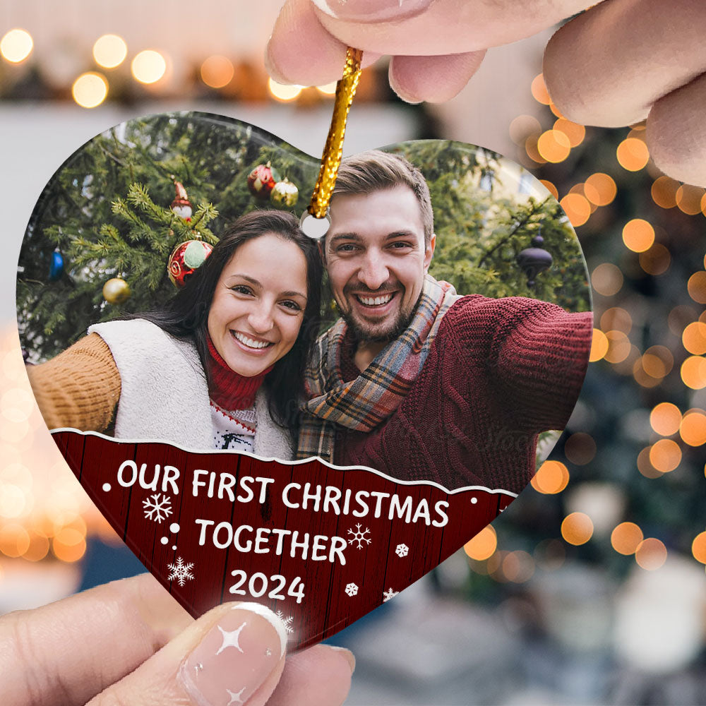 Our First Christmas Together - Personalized Heart Shaped Ceramic Photo Ornament