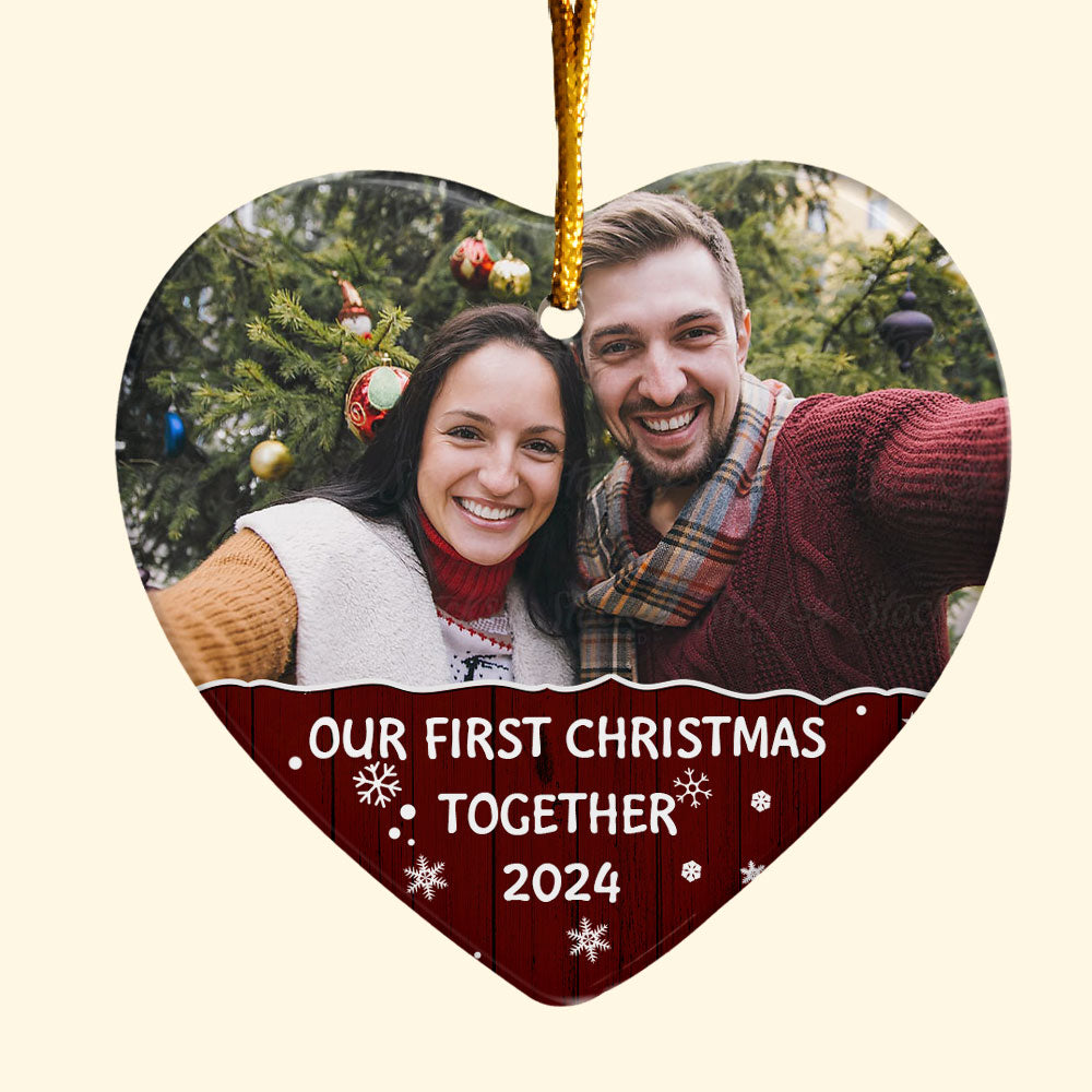 Our First Christmas Together - Personalized Heart Shaped Ceramic Photo Ornament