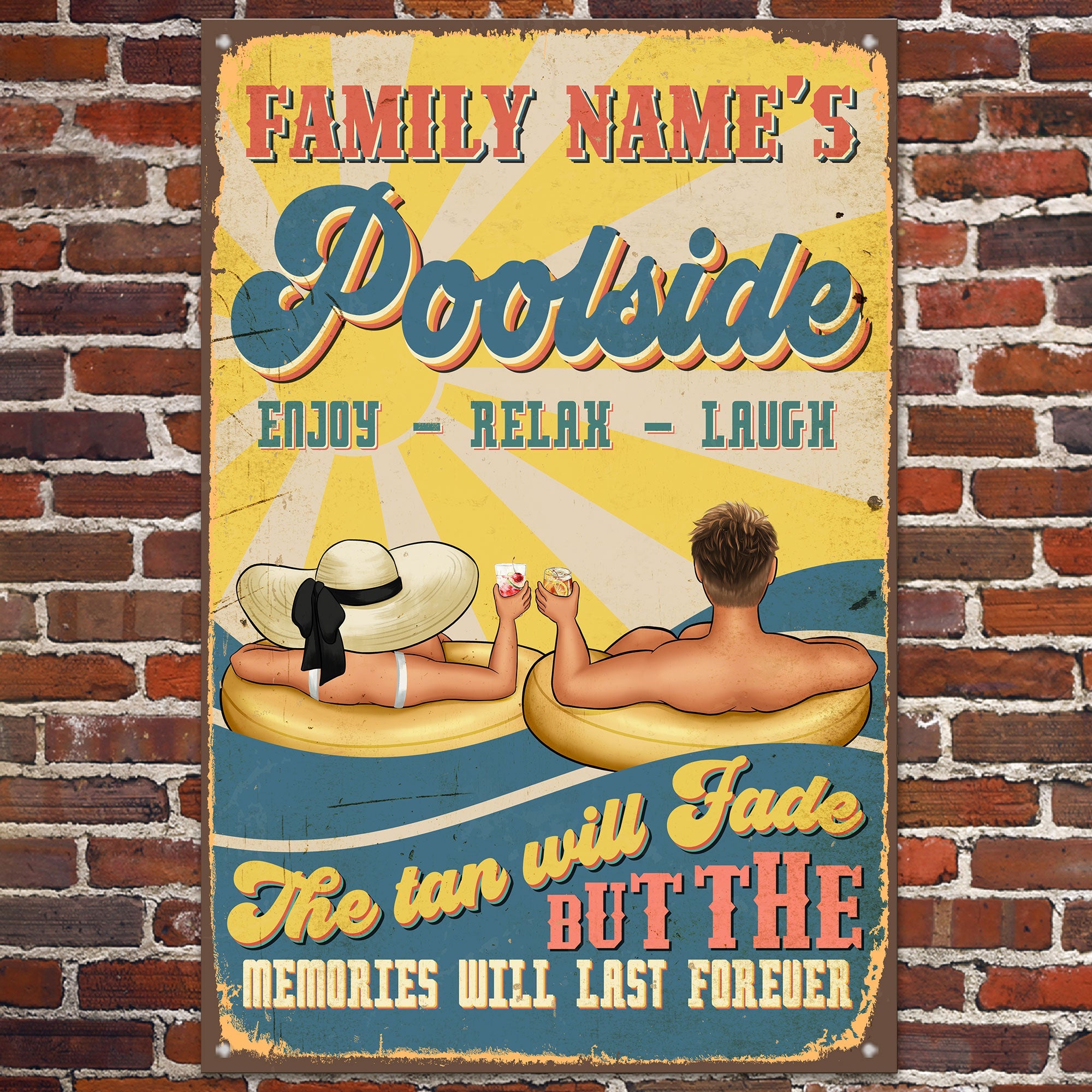 Poolside Enjoy Relax Laugh - Personalized Metal Sign