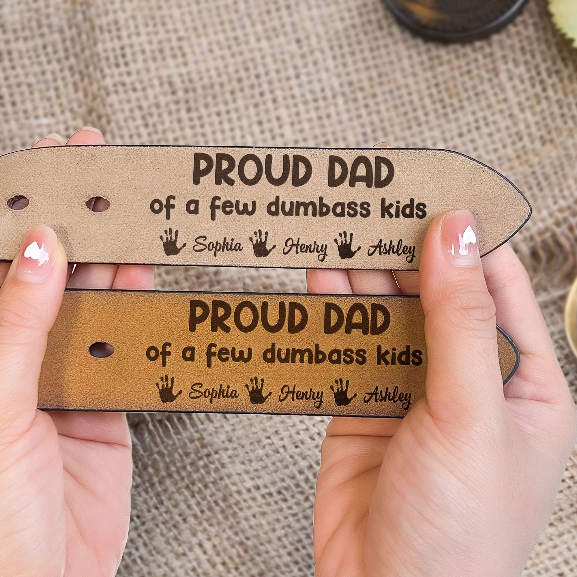 Proud Dad Of A Few Dumbass Kids - Personalized Engraved Leather Belt