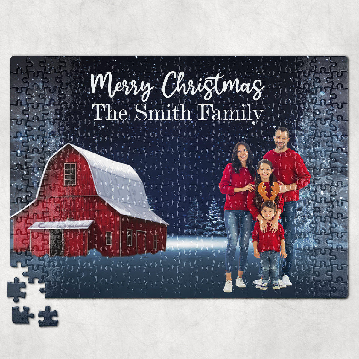 Red Barn Christmas Family Custom Photo - Personalized Photo Jigsaw Puzzle