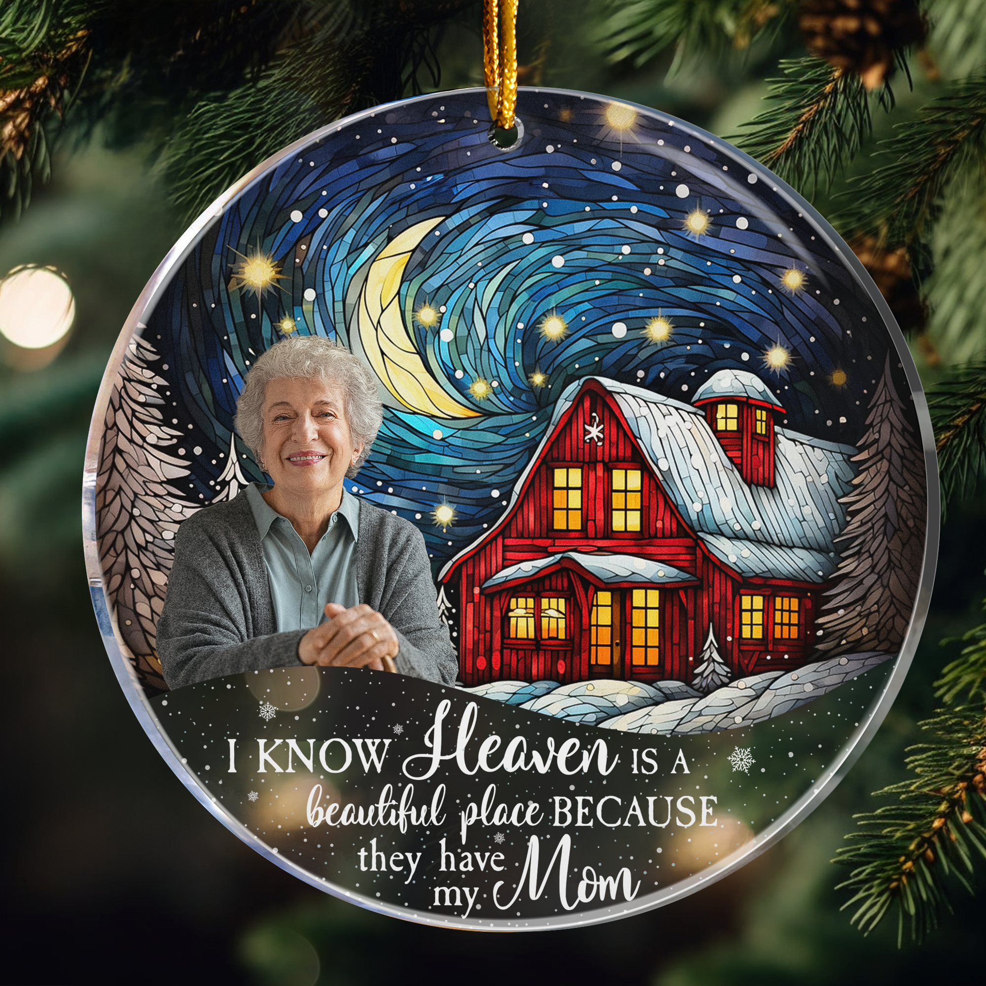 Red Barn Christmas Night Heaven - Memorial Gifts - Personalized Acrylic Photo Ornament