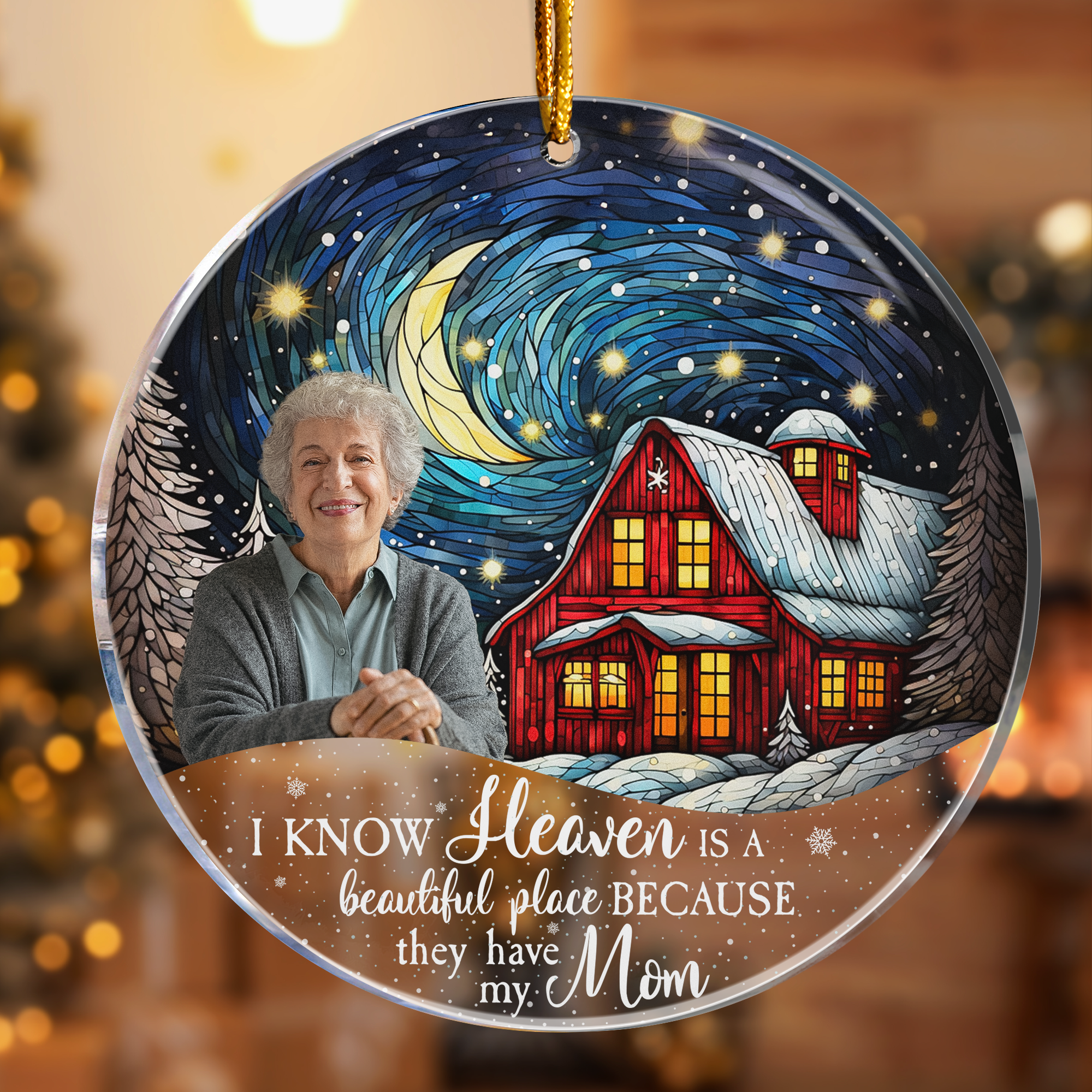 Red Barn Christmas Night Heaven - Memorial Gifts - Personalized Acrylic Photo Ornament