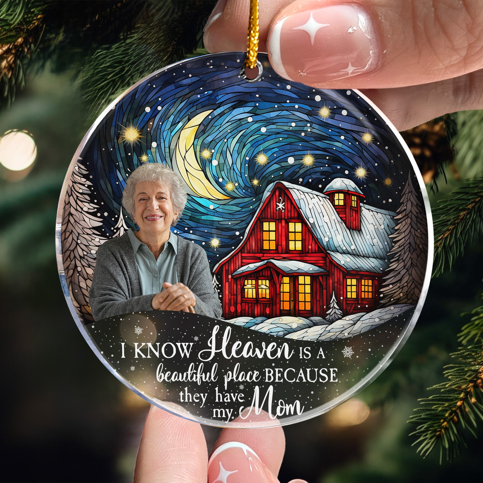 Red Barn Christmas Night Heaven - Memorial Gifts - Personalized Acrylic Photo Ornament