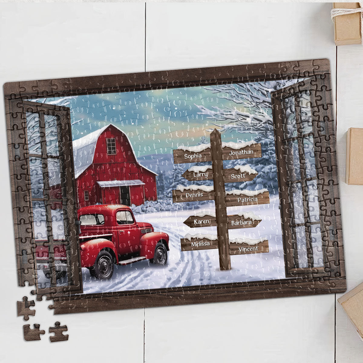 Red Truck Farmhouse Christmas Family Custom Photo - Personalized Photo Jigsaw Puzzle