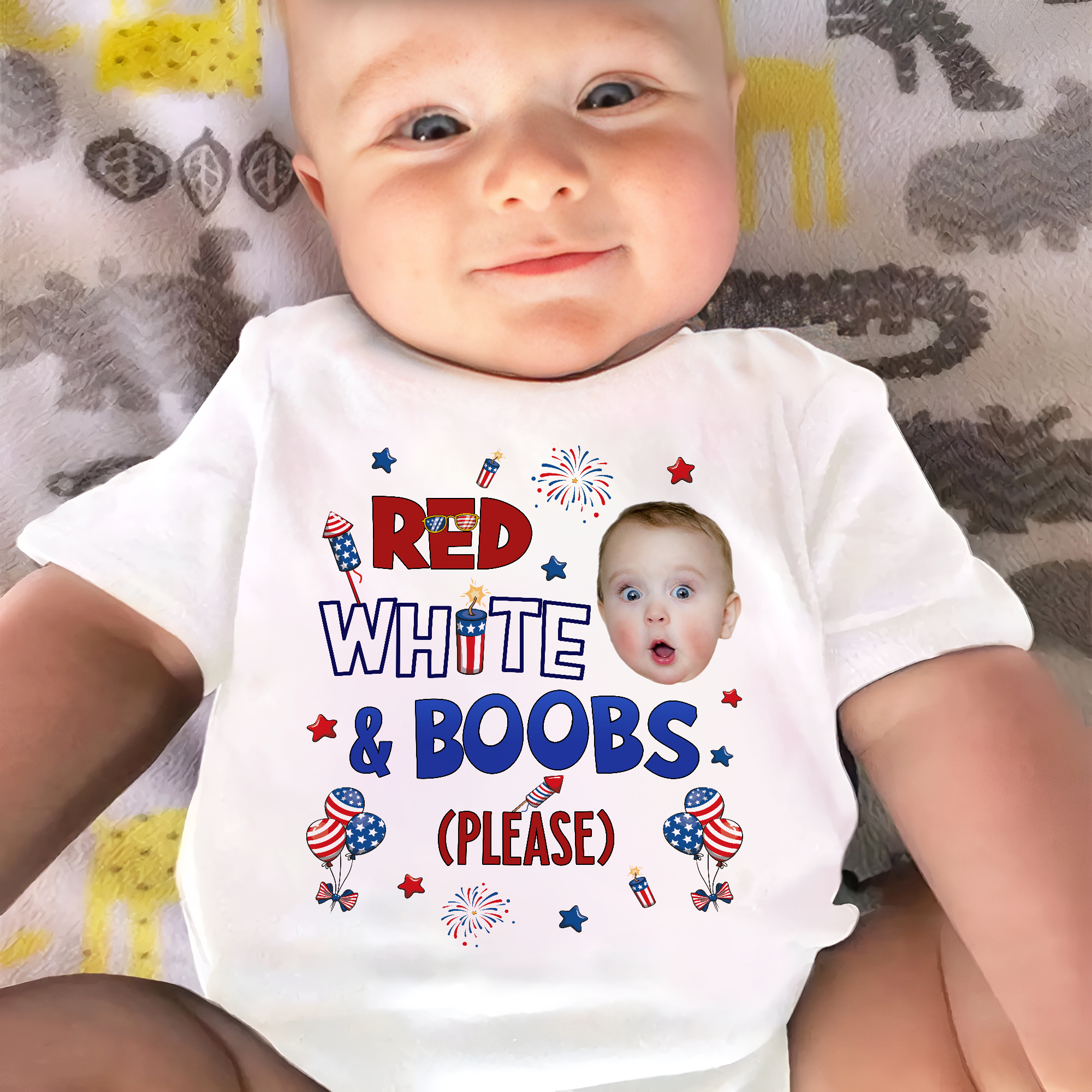 Red White And Boobs Please With 4Th Of July Pattern - Personalized Photo Baby Onesie