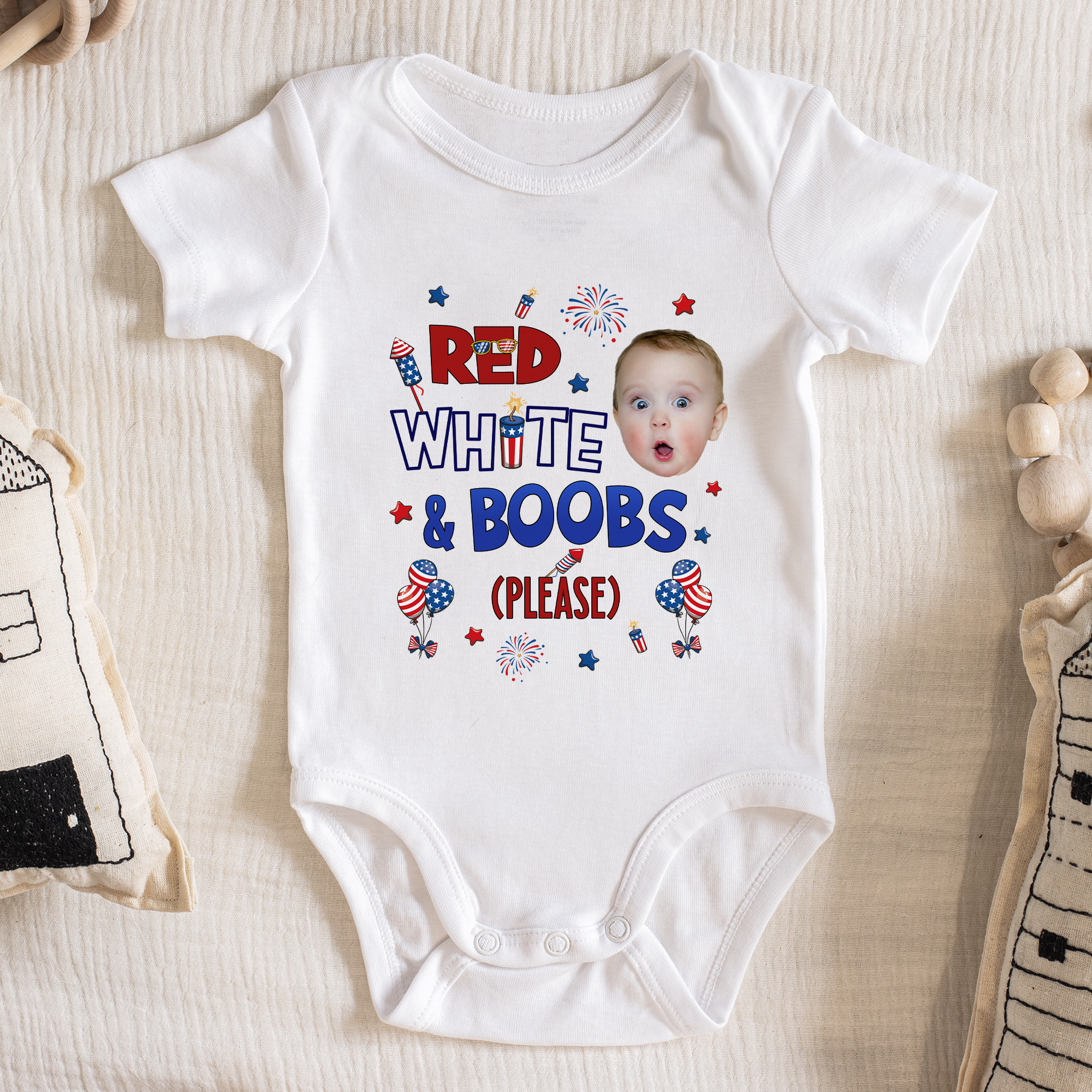 Red White And Boobs Please With 4Th Of July Pattern - Personalized Photo Baby Onesie