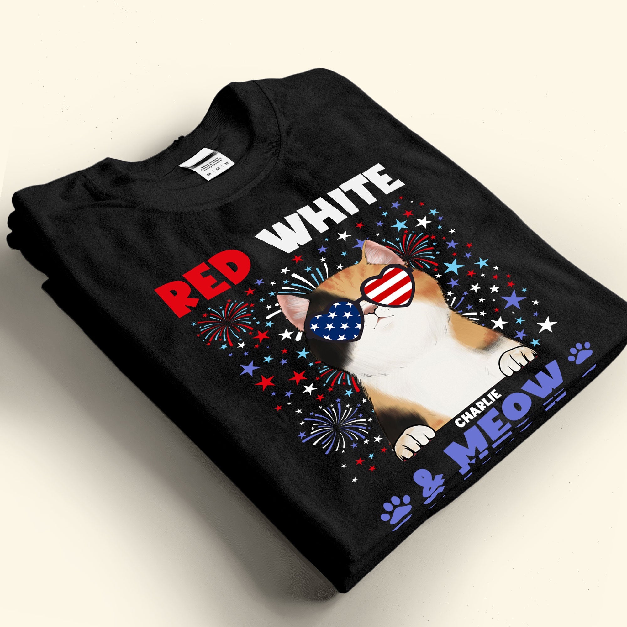 Red White & Meow With 4Th Of July Pattern - Personalized Shirt