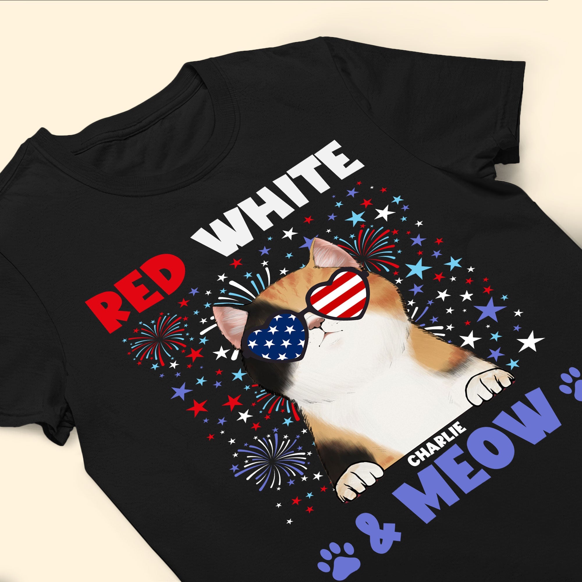 Red White & Meow With 4Th Of July Pattern - Personalized Shirt