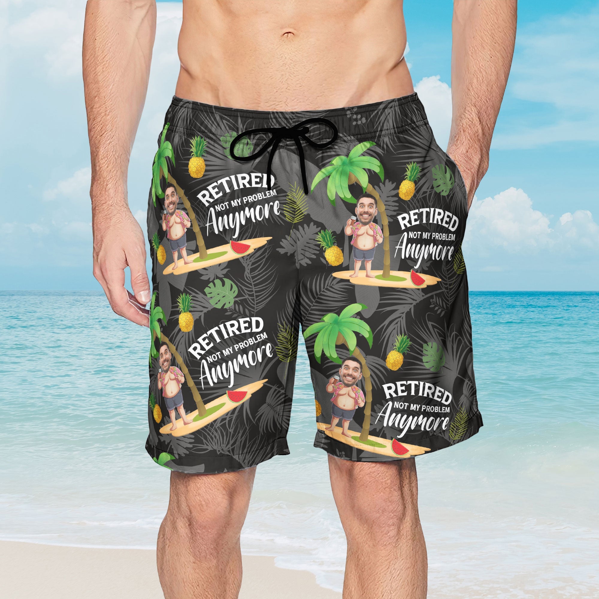 Retired Not My Problem Anymore - Personalized Photo Men's Beach Shorts