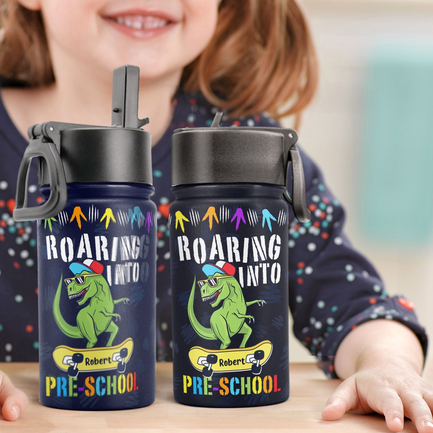 Roaring Into School - Personalized Kids Water Bottle With Straw Lid