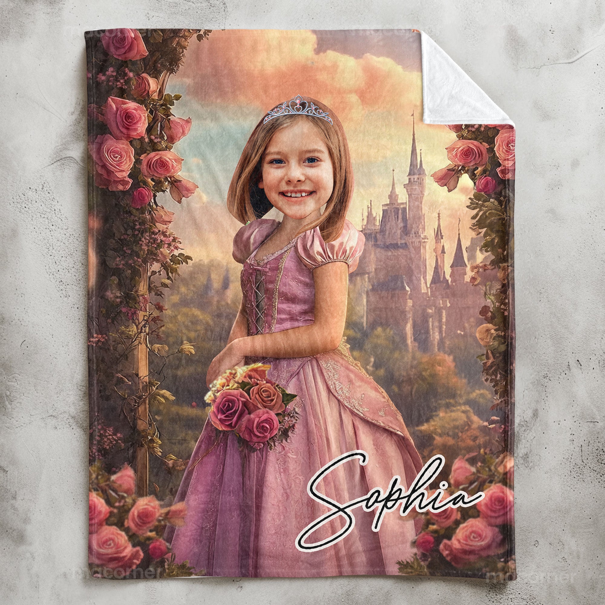 Rose Pink Princess - Gifts For Daughter, Little Girls - Custom Face & Name - Personalized Photo Blanket