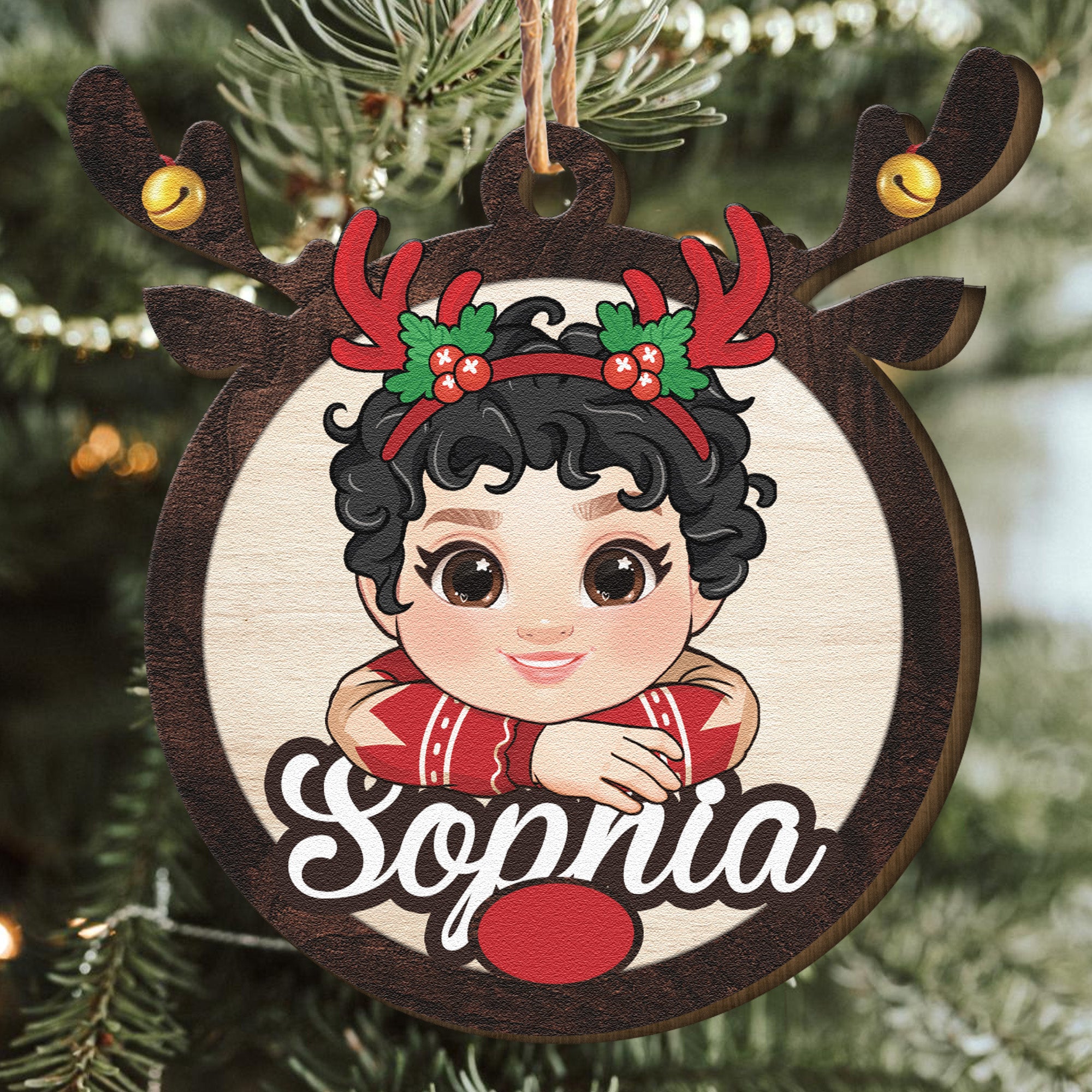 Rudolph Reindeer Custom Kids' Names - Personalized Wooden Ornament