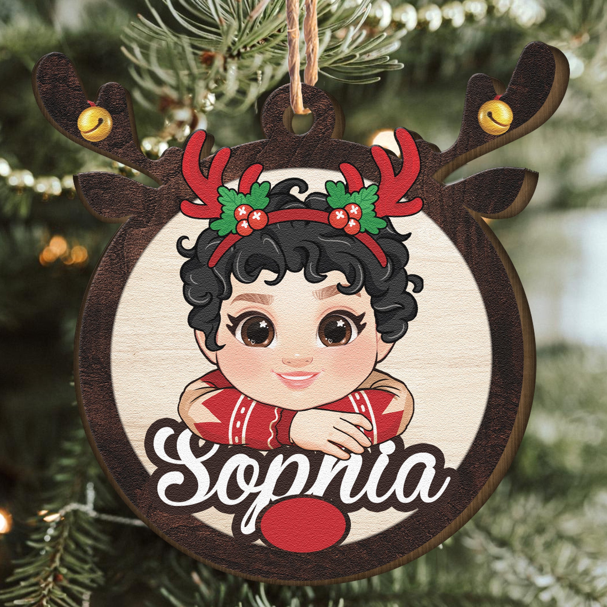 Rudolph Reindeer Custom Kids' Names - Personalized Wooden Ornament