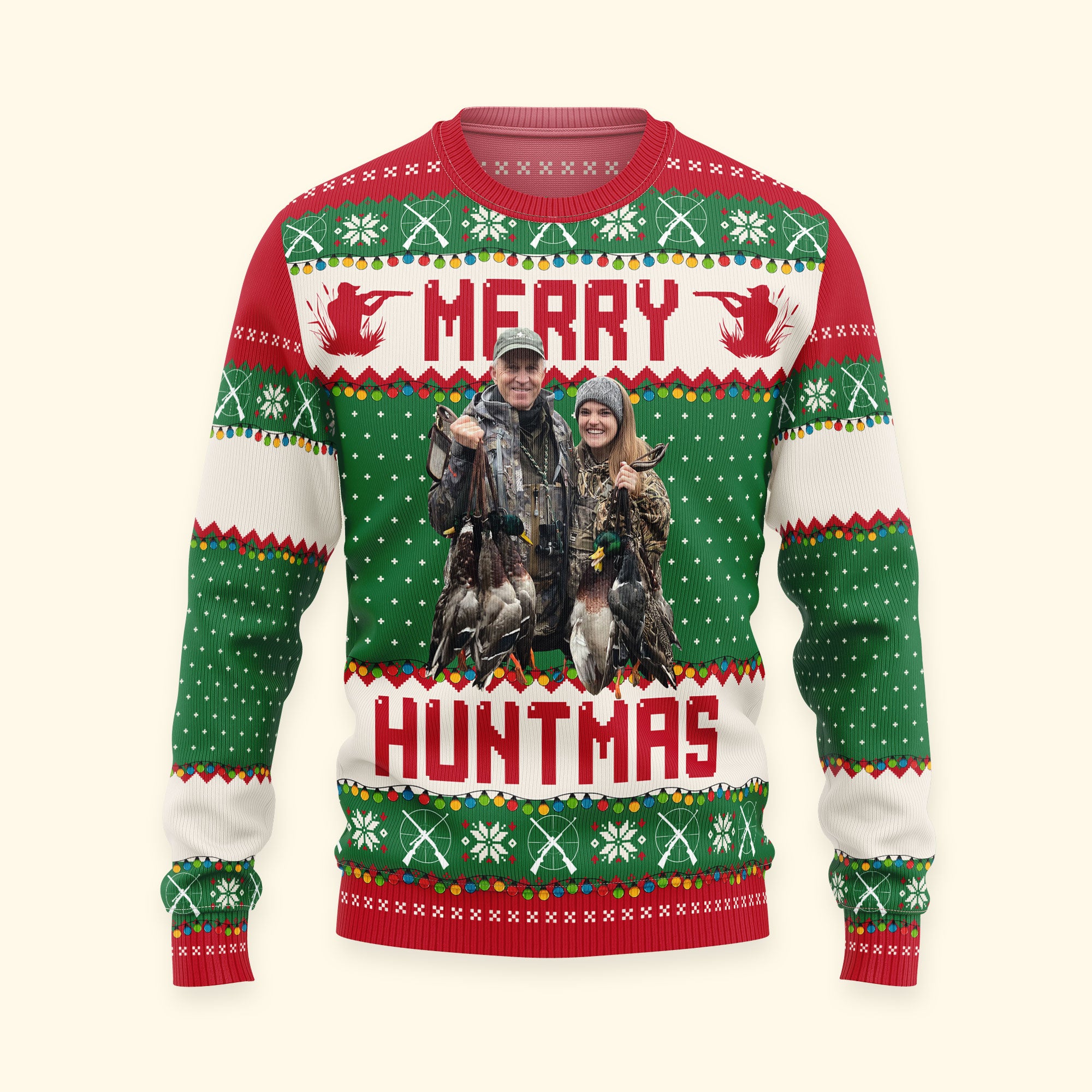 Run Run Rudolph - Hunting Christmas Gifts For Dad, Grandpa, Husband - Personalized Photo Ugly Sweater