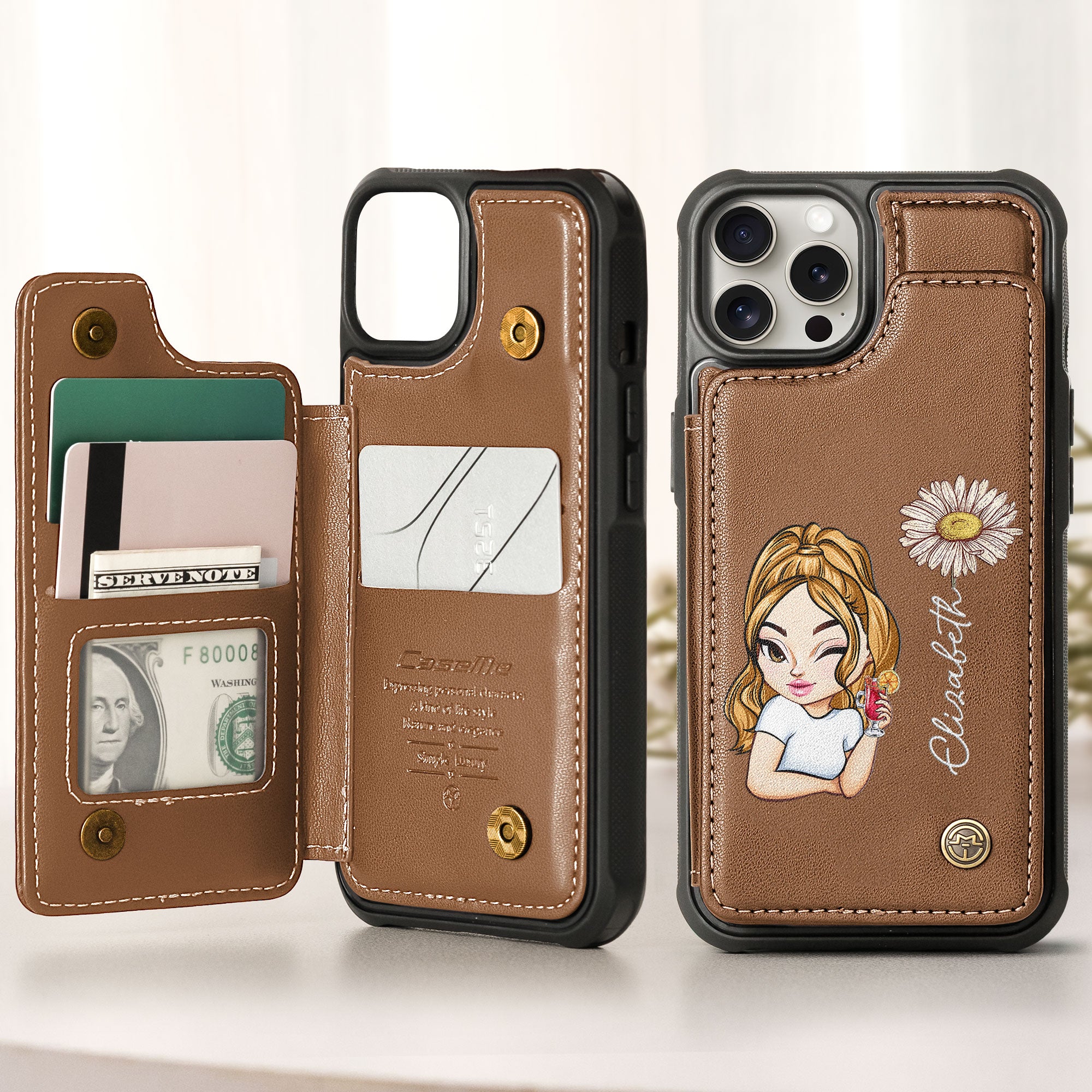 Sassy Girl Cartoon Character - Personalized Leather Flip Wallet Phone Case