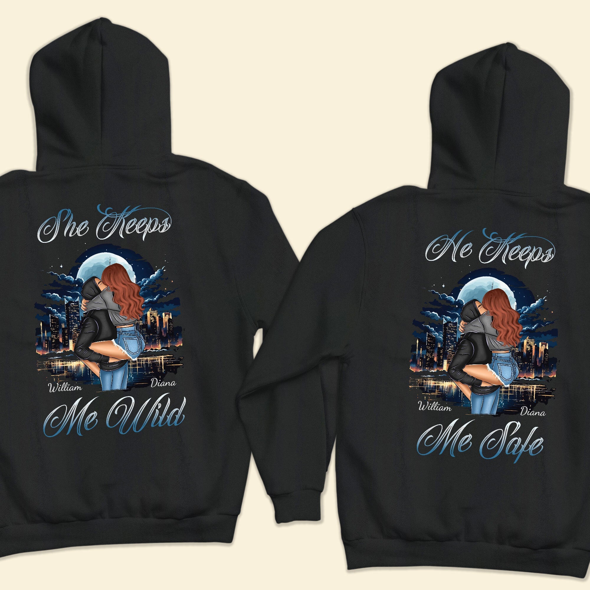 She Keeps Me Wild He Keeps Me Safe - Personalized Matching Couple Back Printed Hoodies