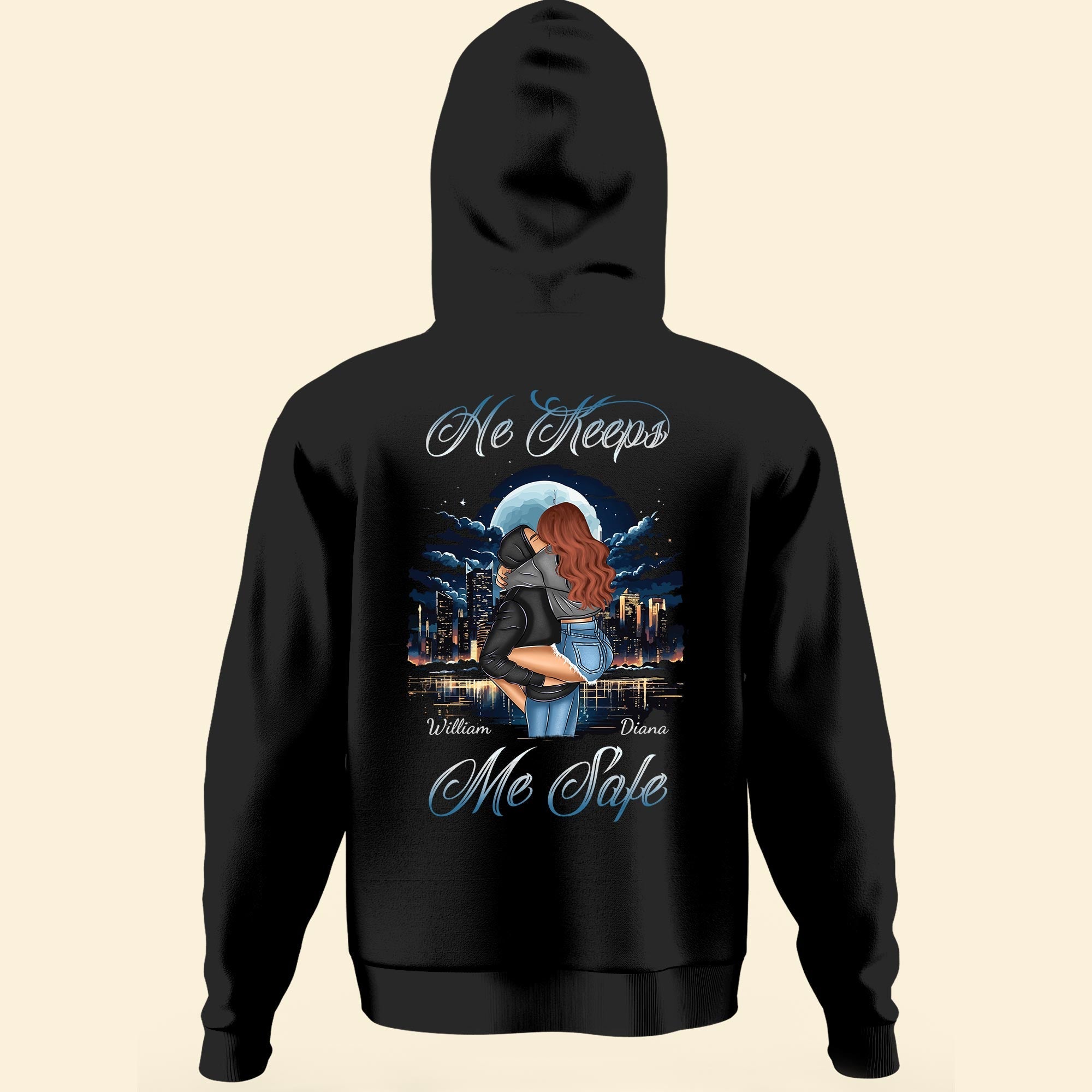 She Keeps Me Wild He Keeps Me Safe - Personalized Matching Couple Back Printed Hoodies