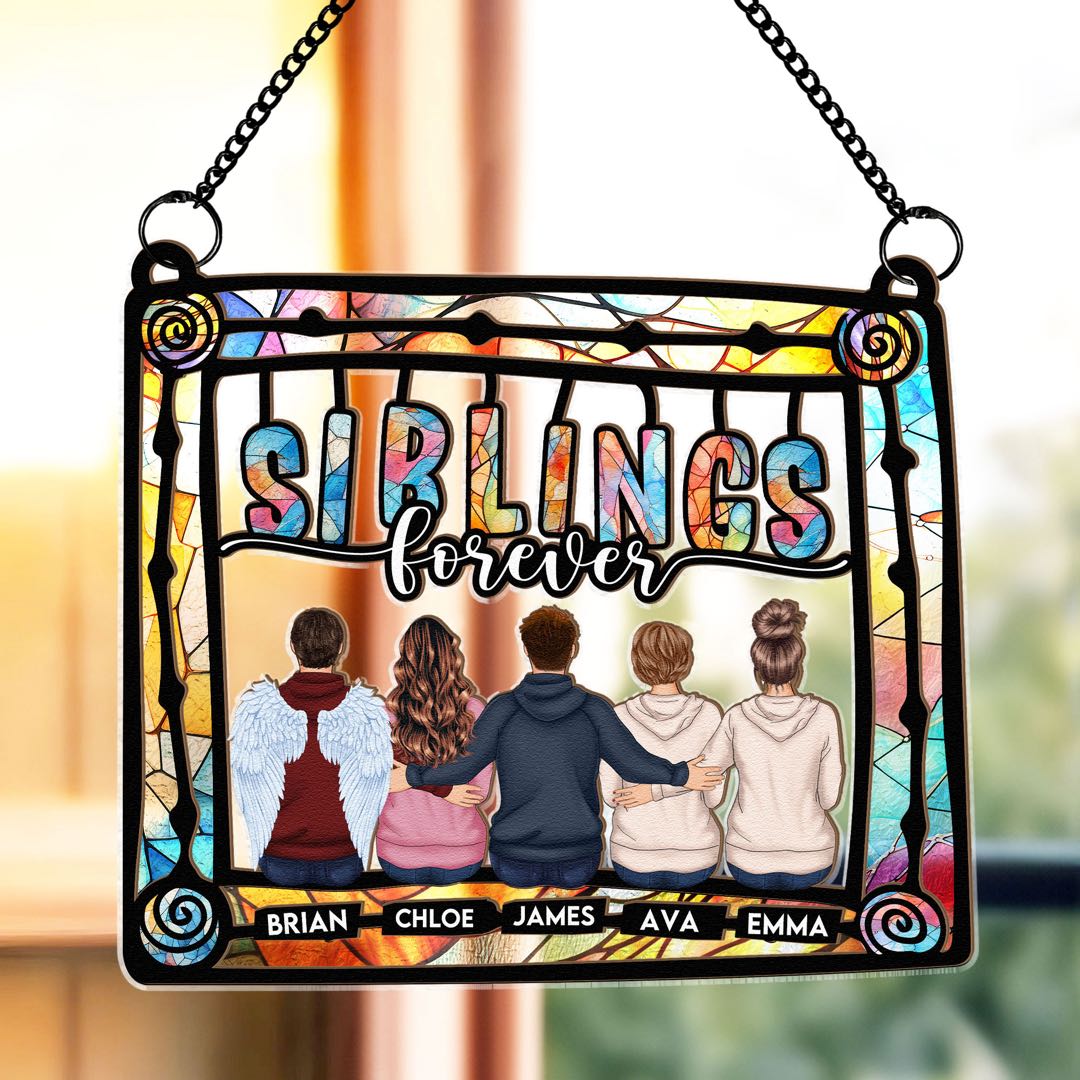 Siblings Being Together On Frame - Personalized Window Hanging Suncatcher Ornament