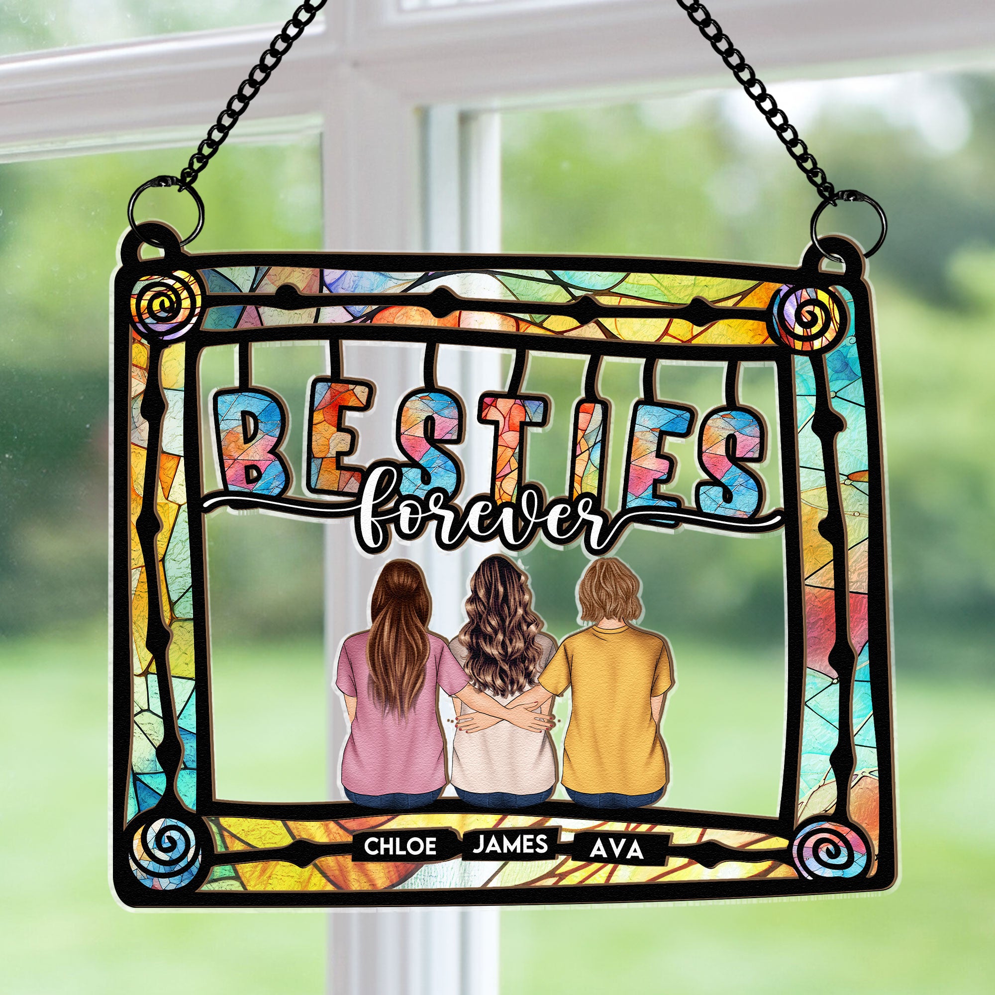 Siblings Being Together On Frame - Personalized Window Hanging Suncatcher Ornament