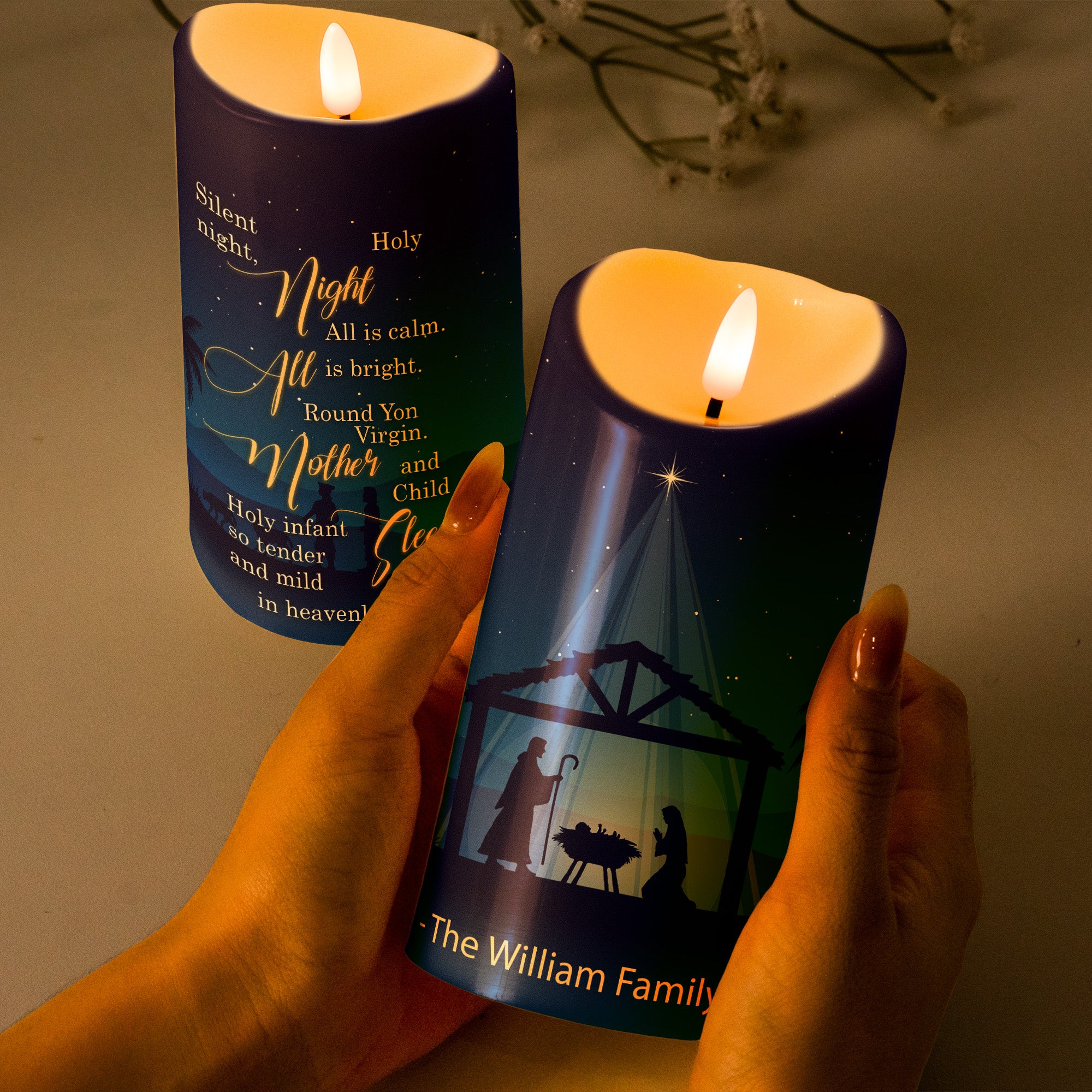 Silent Night Holy Night Nativity Gift For Family - Personalized LED Candle