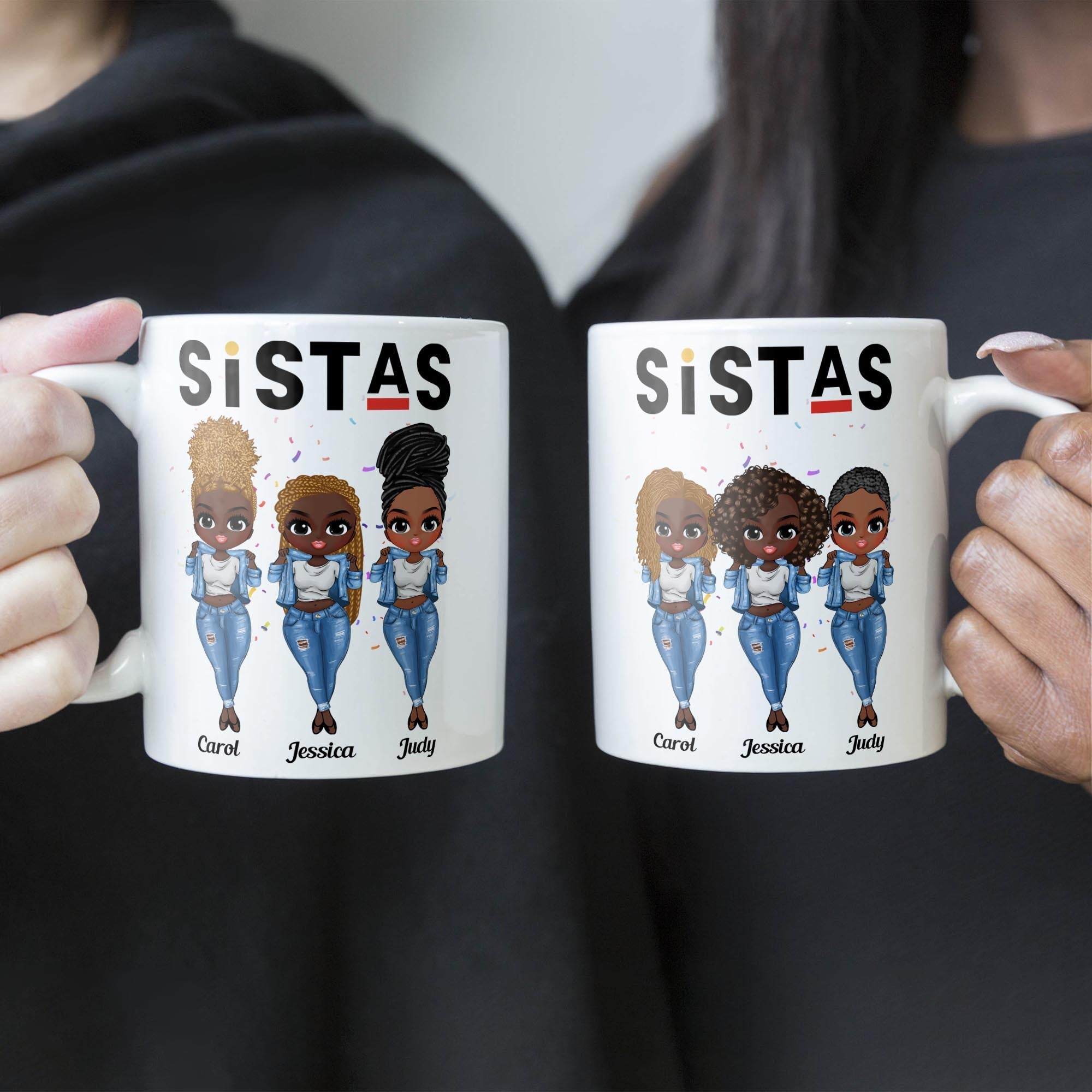 Sistas - Personalized Mug - Birthday Gift For Bestie, Best Friend, BFF, Sista, Colleague - Denim Chibi Girl 