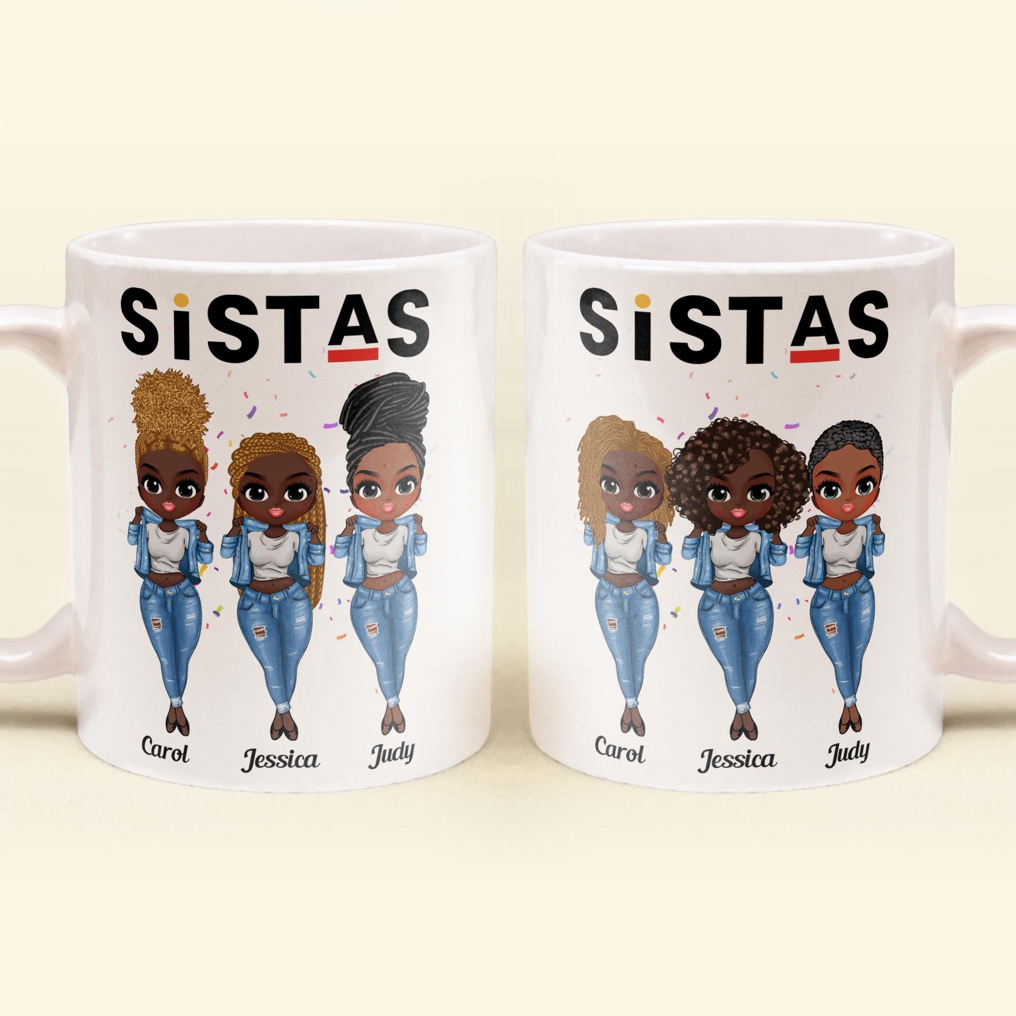 Sistas - Personalized Mug - Birthday Gift For Bestie, Best Friend, BFF, Sista, Colleague - Denim Chibi Girl 