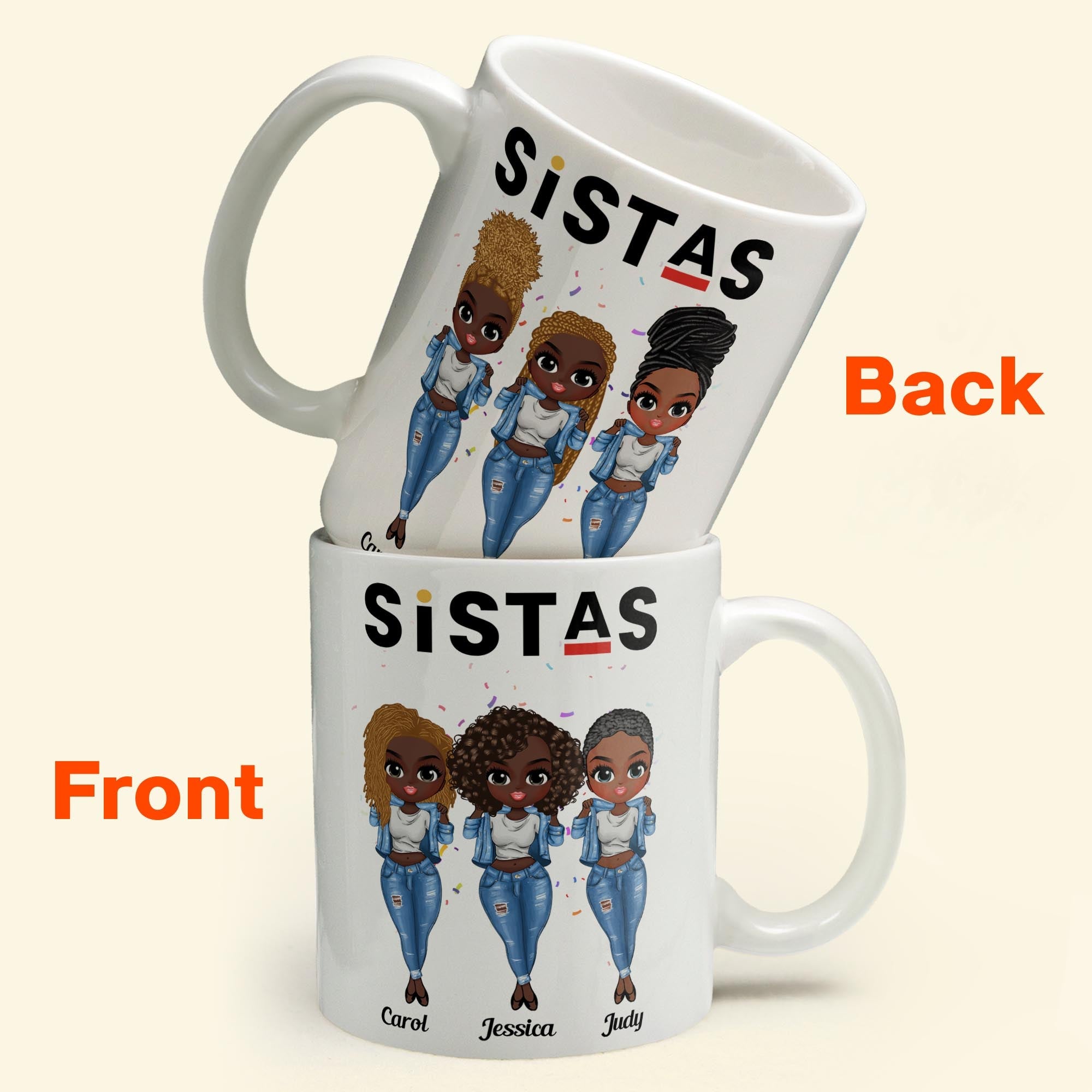 Sistas - Personalized Mug - Birthday Gift For Bestie, Best Friend, BFF, Sista, Colleague - Denim Chibi Girl 