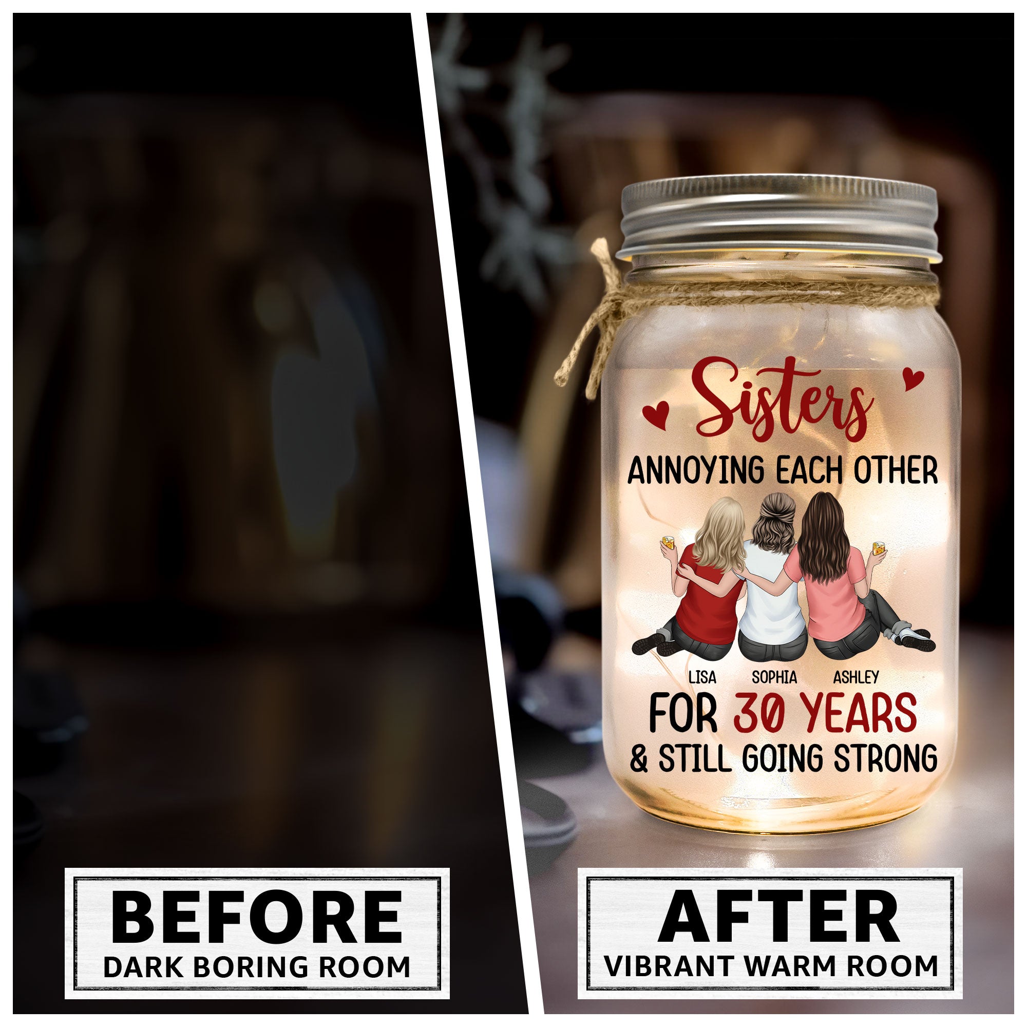 Sisters - Annoying Each Other & Still Going Strong - Personalized Mason Jar Light