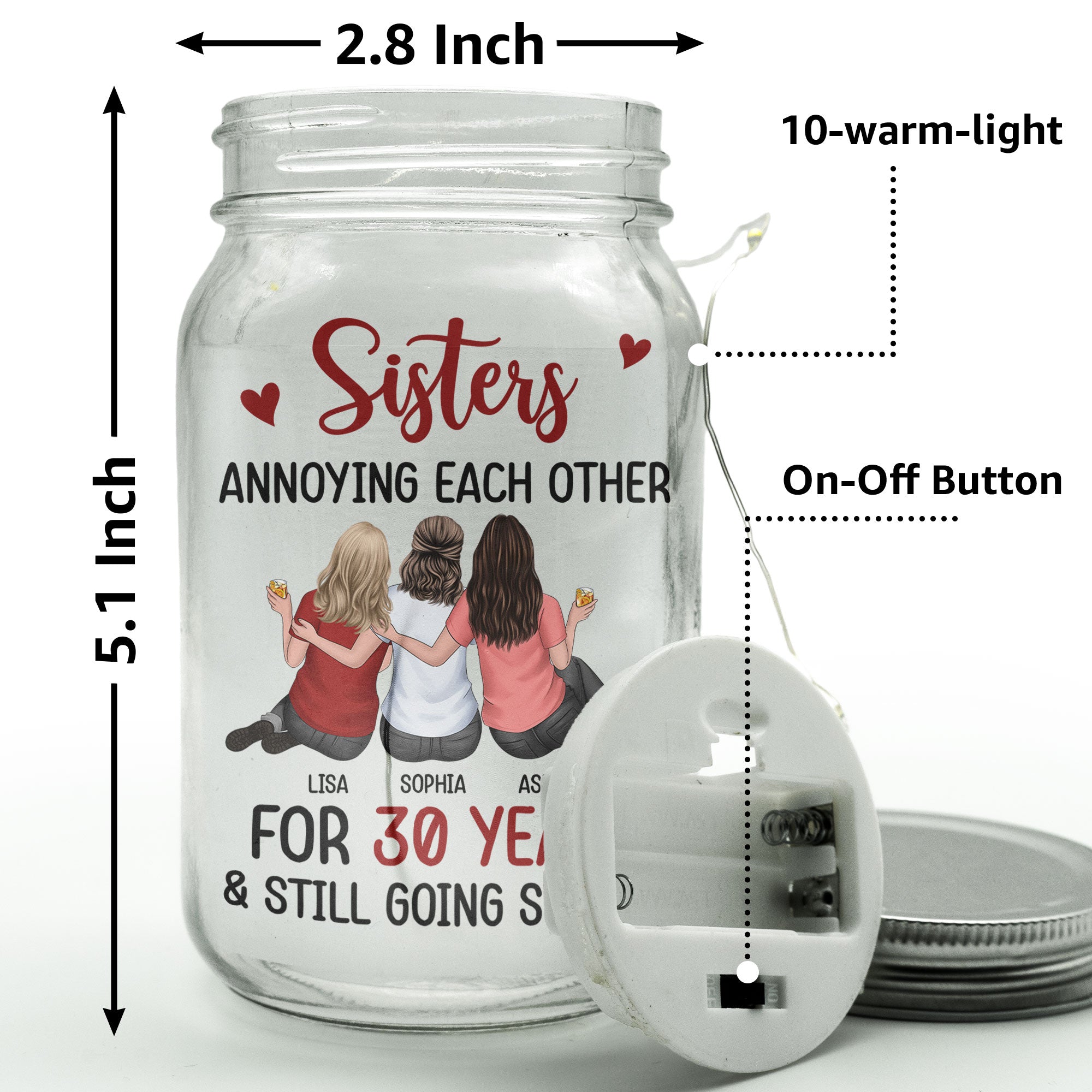 Sisters - Annoying Each Other & Still Going Strong - Personalized Mason Jar Light