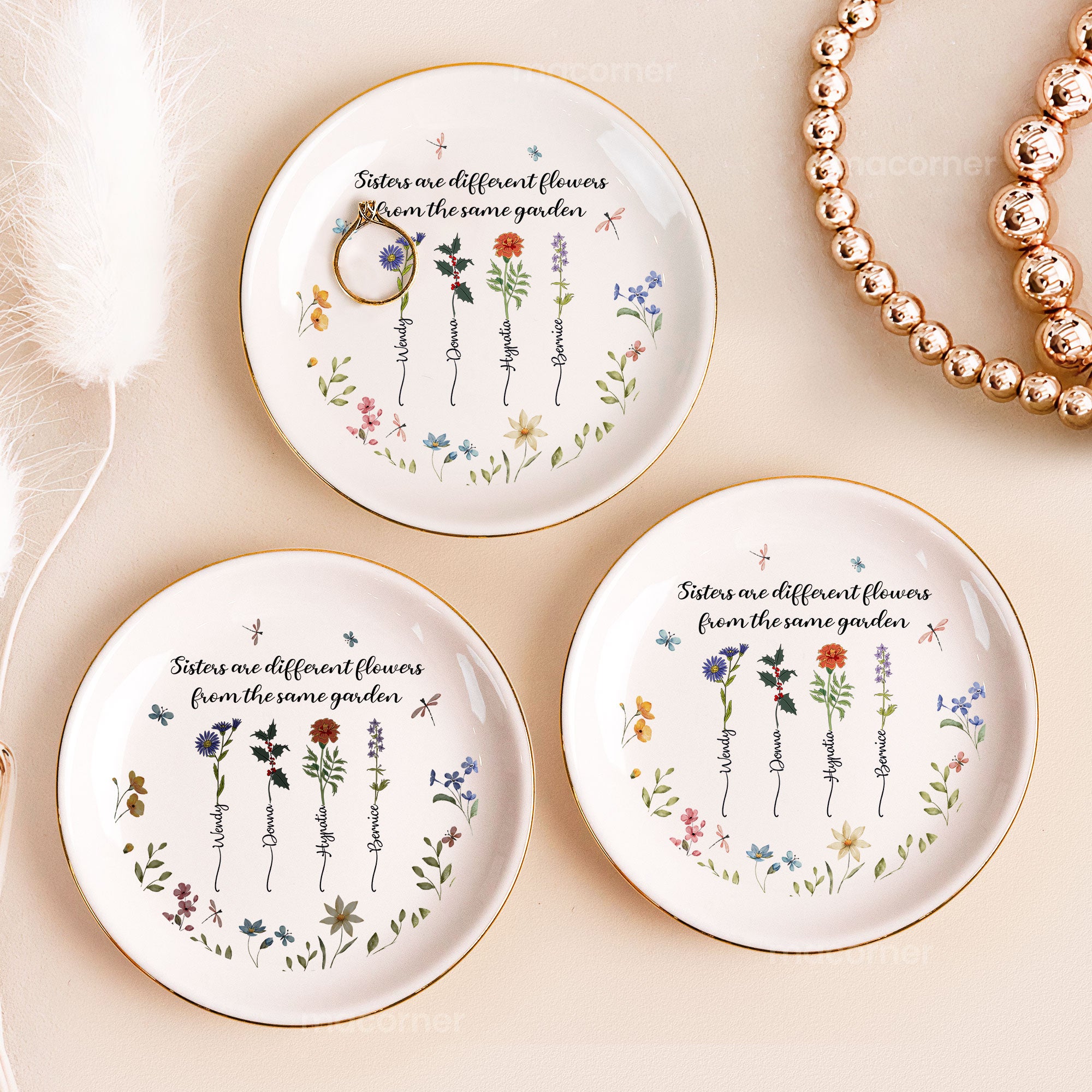 Sisters Are Differents Flowers Custom Birth Flowers - Personalized Jewelry Dish