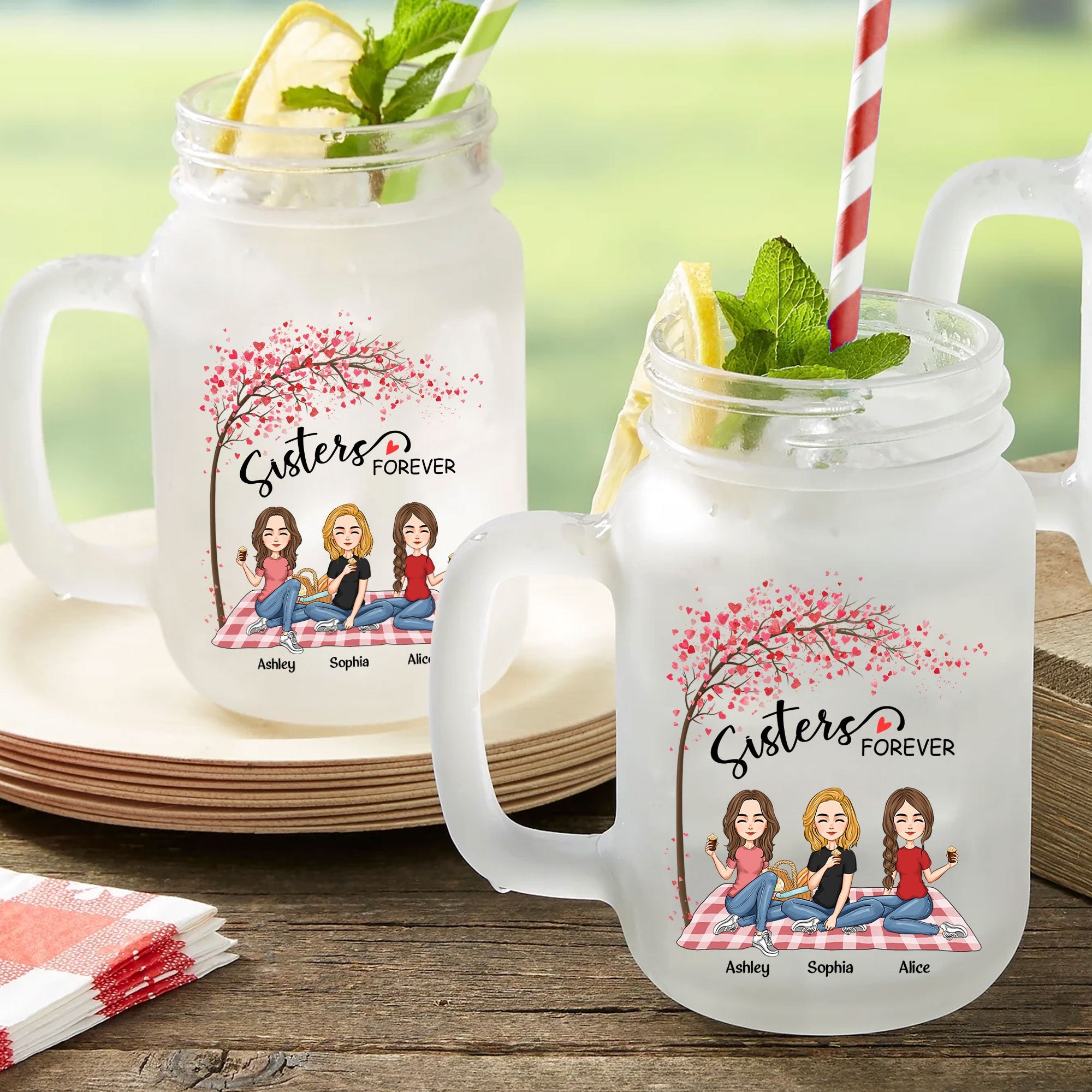 Sisters Forever - Limited Edition - Personalized Mason Jar Cup With Straw