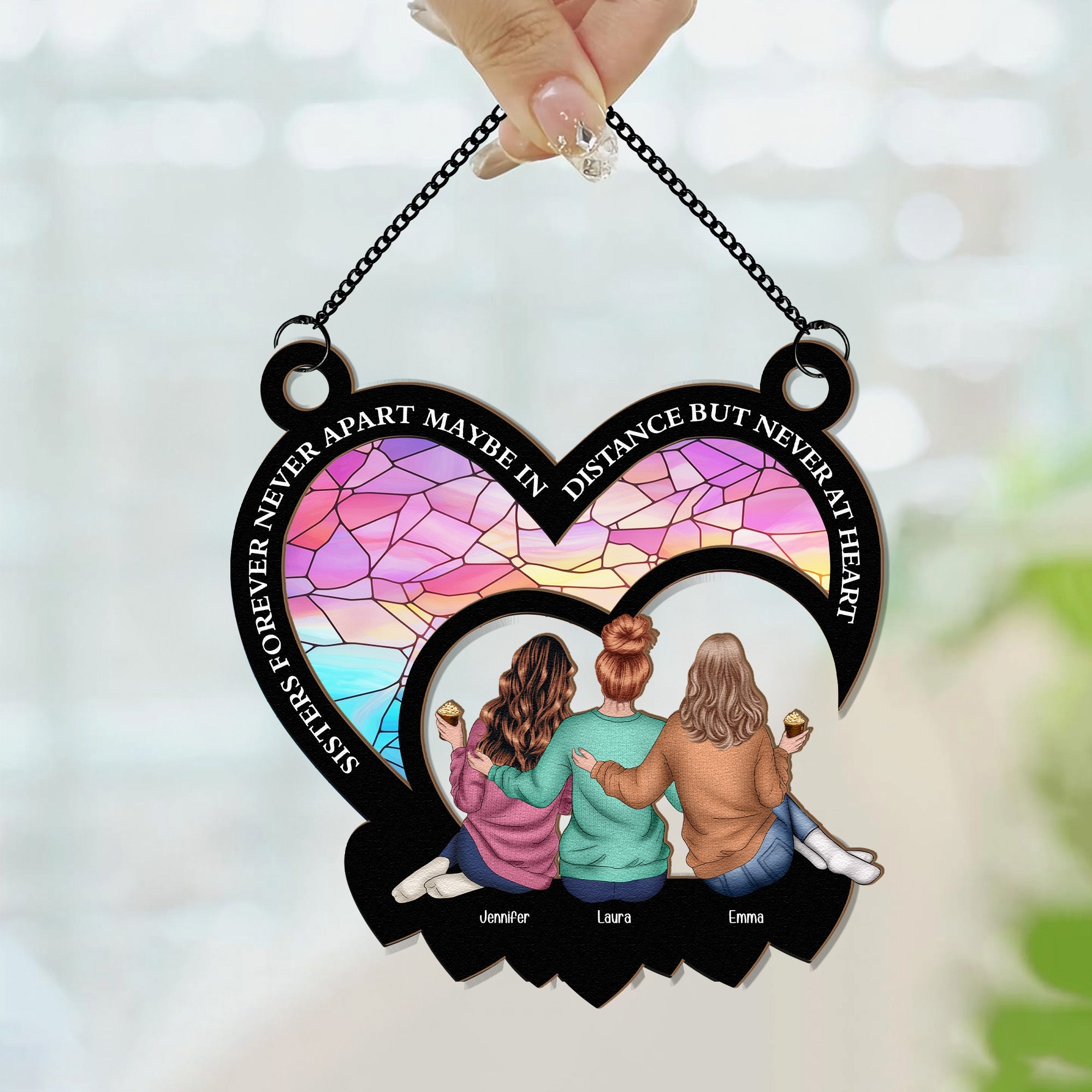 Maybe In Distance But Never At Heart - Personalized Window Hanging Suncatcher Ornament