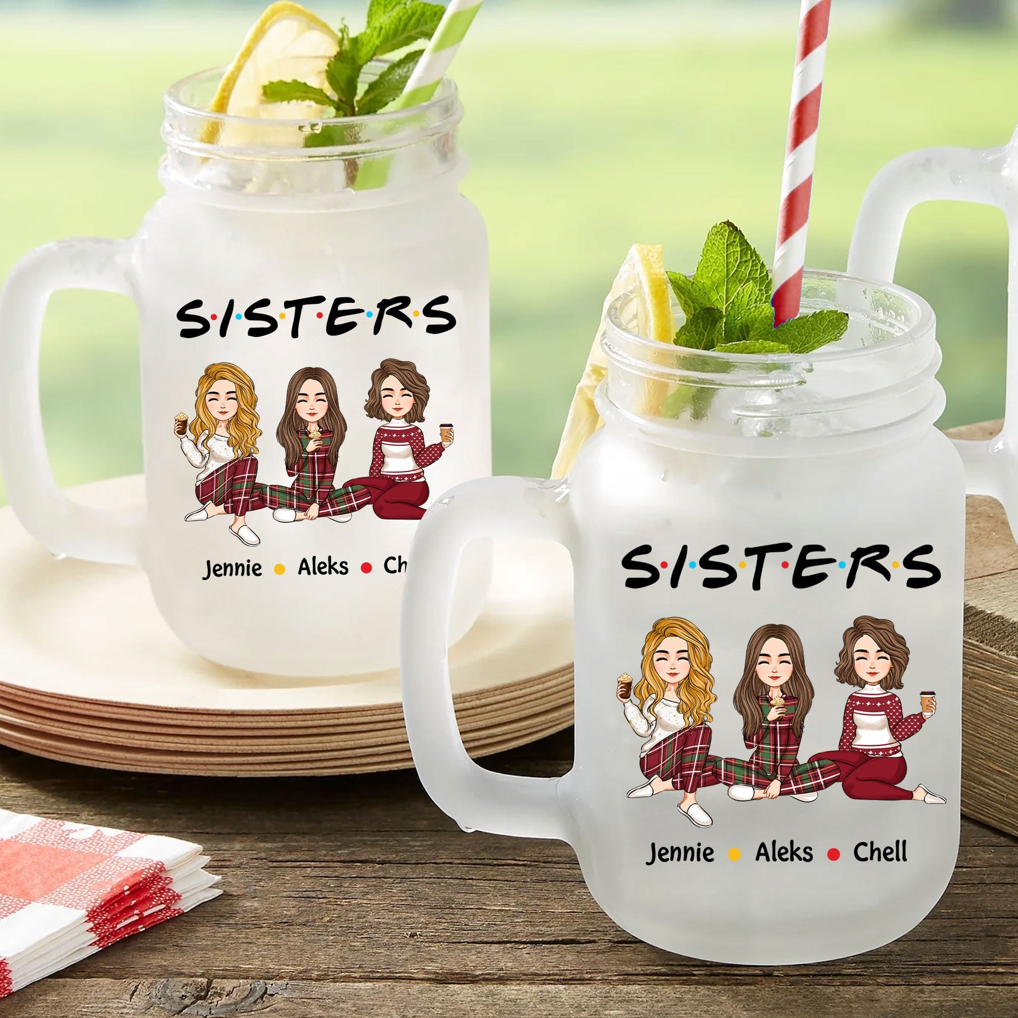 Sisters Forever - Personalized Mason Jar Cup With Straw