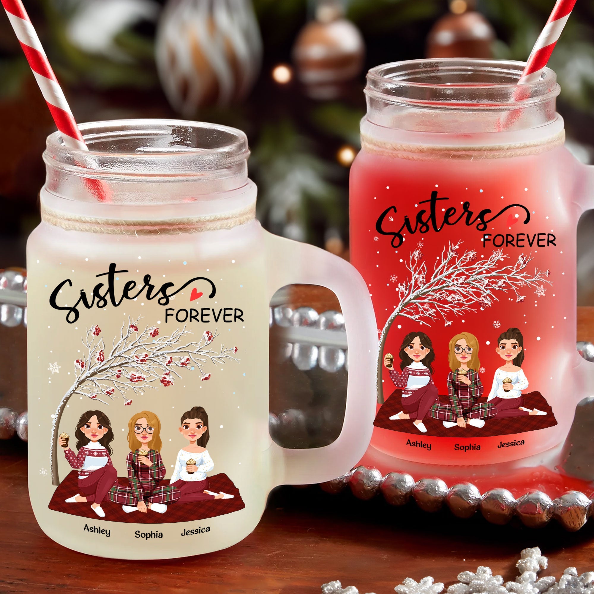 Sisters Forever - Red Tree - Personalized Mason Jar Cup With Straw