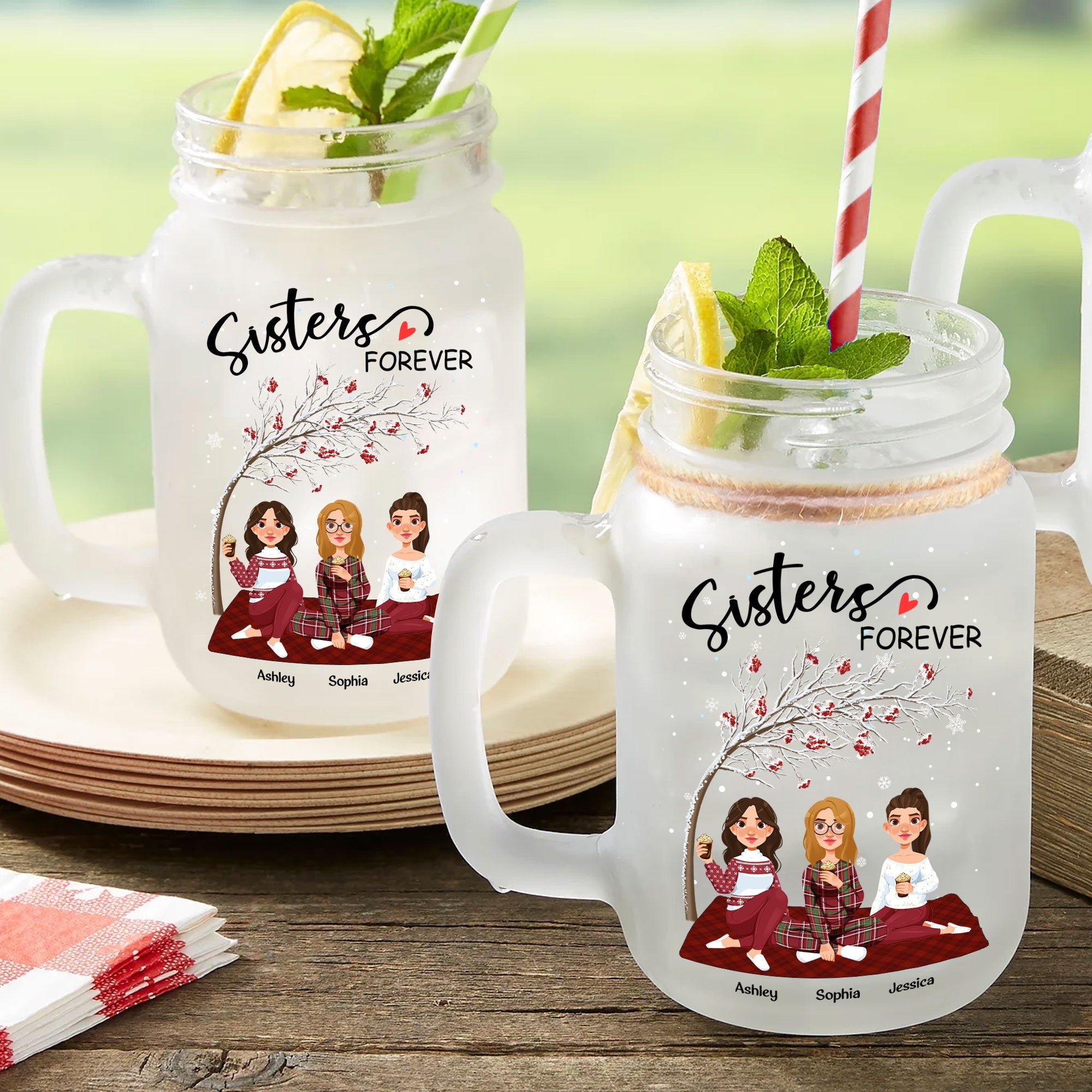 Sisters Forever - Red Tree - Personalized Mason Jar Cup With Straw