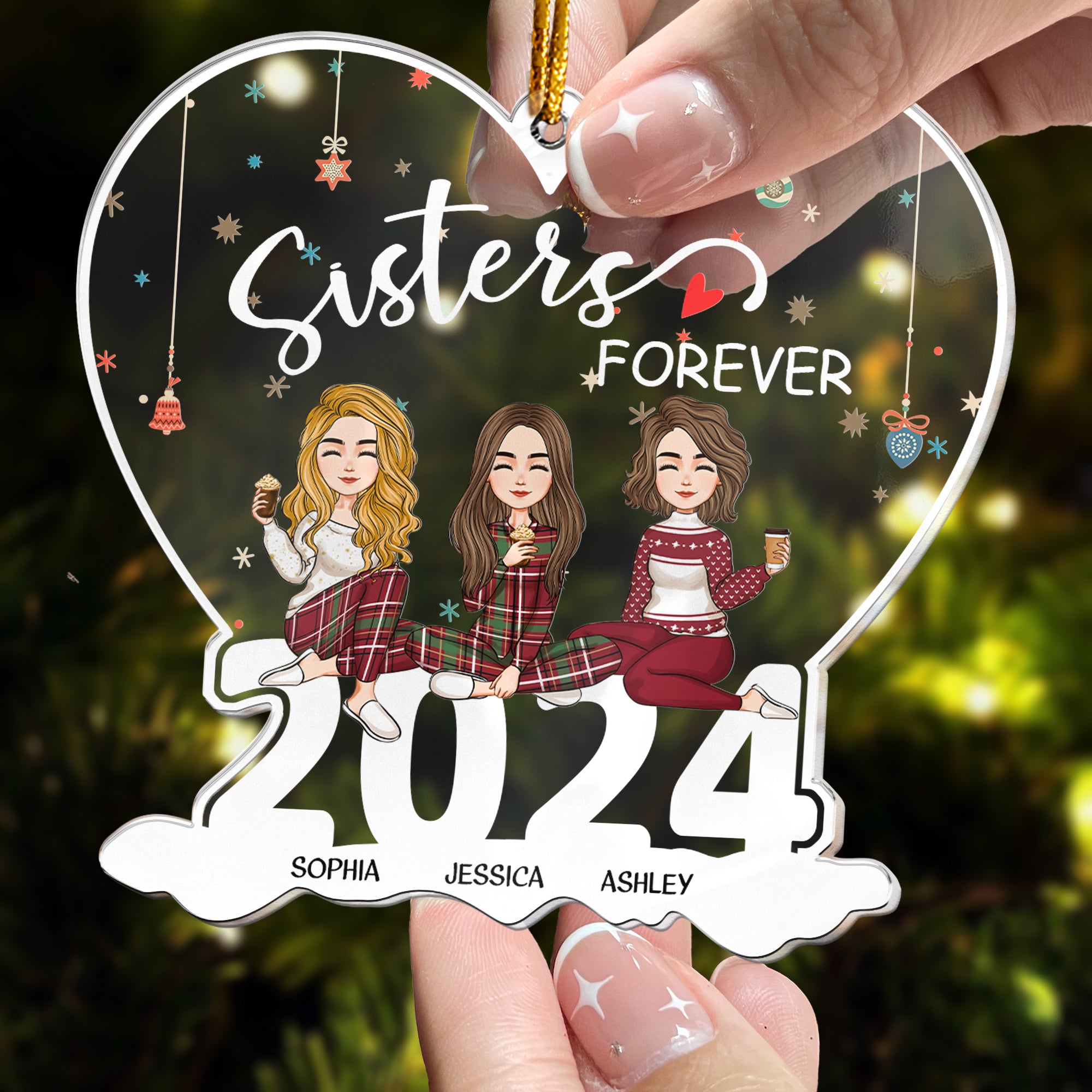 Sisters Forever - Version 2 - Personalized 2024 Heart Shaped Acrylic Ornament