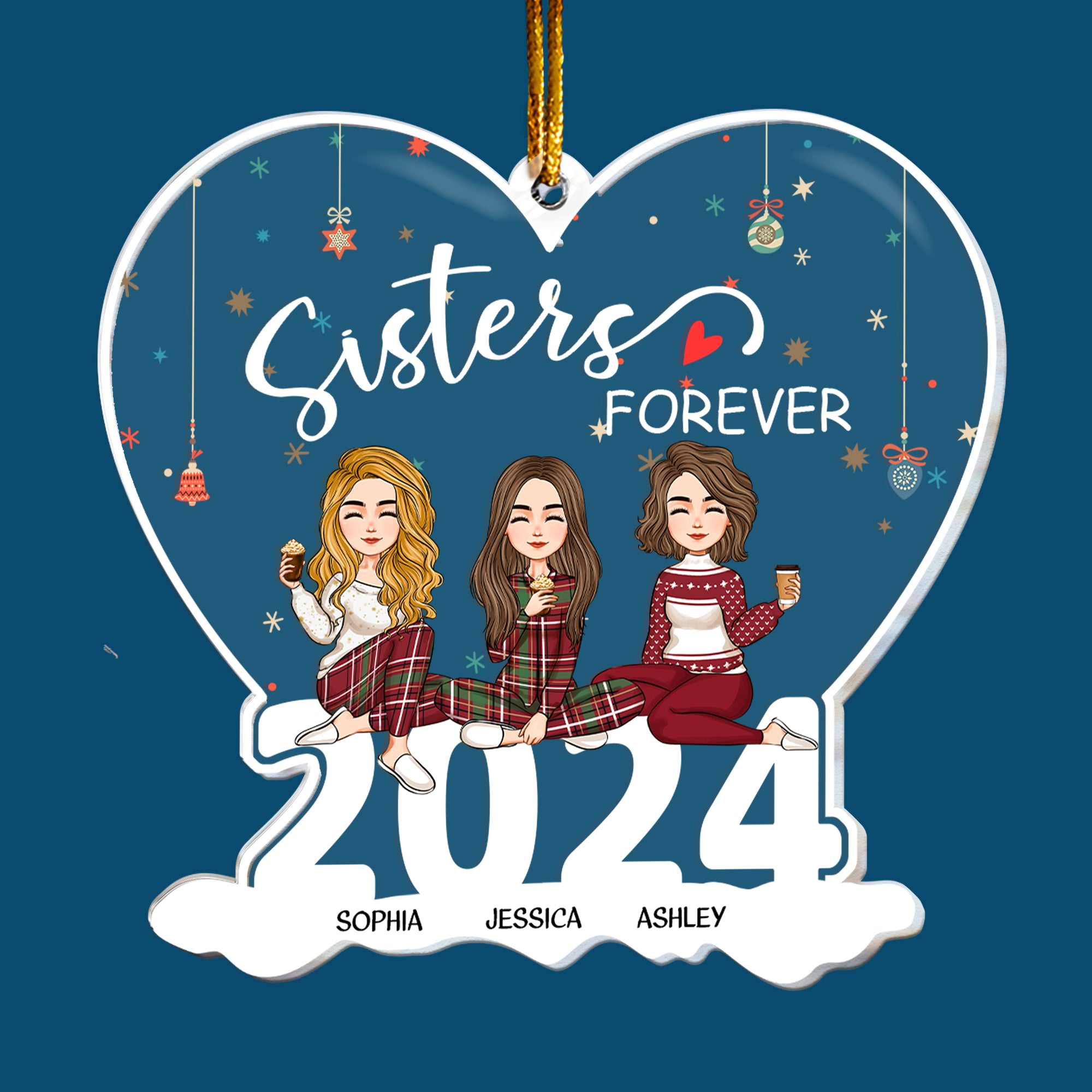 Sisters Forever - Version 2 - Personalized 2024 Heart Shaped Acrylic Ornament