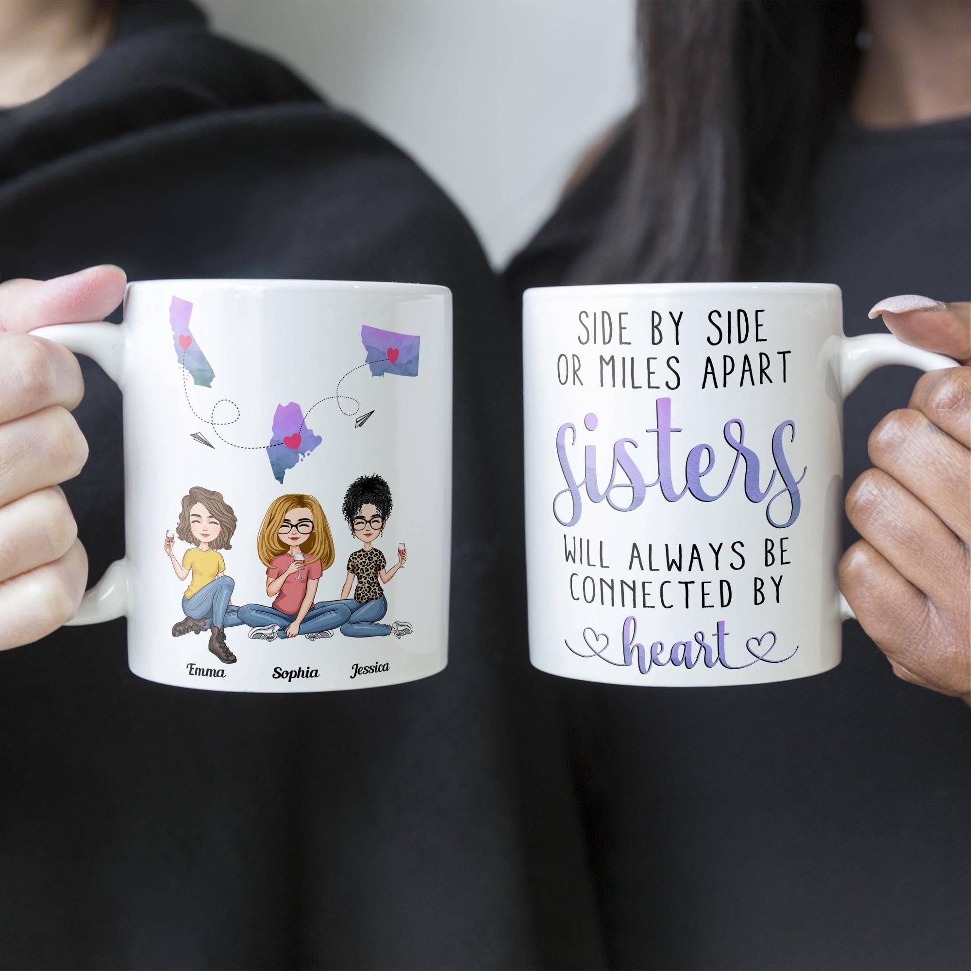 Sisters Will Always Be Connected By Heart - Personalized Mug